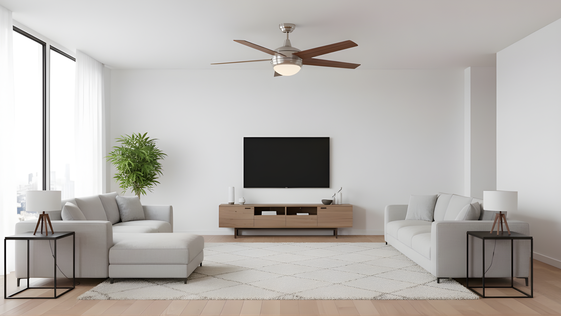 5-Blade Contemporary Ceiling Fan - Silver/Walnut Blades - Architectural-Inspired Indoor Fans in Brushed Nickel