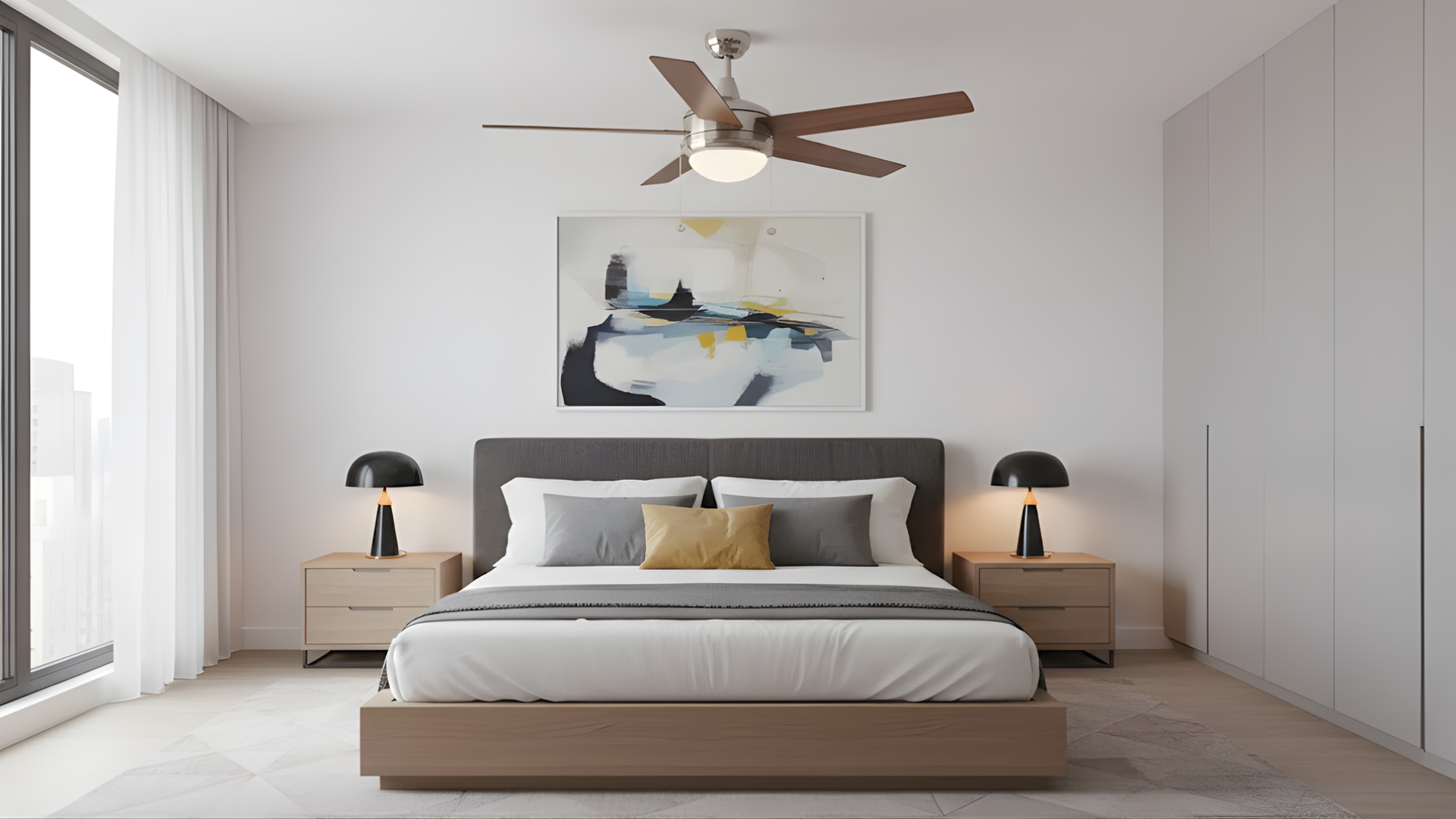5-Blade Contemporary Ceiling Fan - Silver/Walnut Blades - Architectural-Inspired Indoor Fans in Brushed Nickel