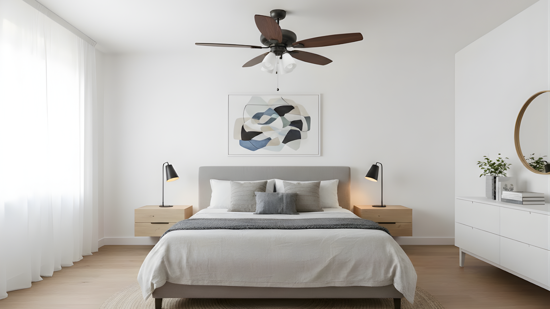 52" 5-Blade UFO Fan Oak/Walnut Blades 4-Light White Glass LED Kit - Minimalist Indoor Fans in Rubbed Bronze