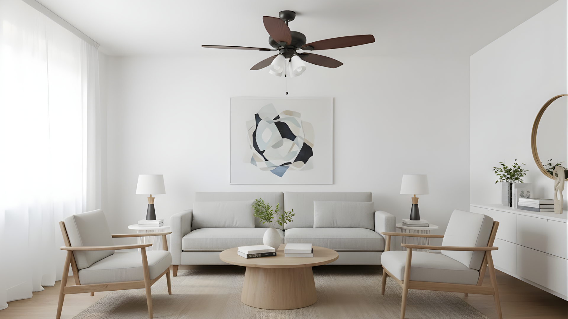 52" 5-Blade UFO Fan Oak/Walnut Blades 4-Light White Glass LED Kit - Minimalist Indoor Fans in Rubbed Bronze