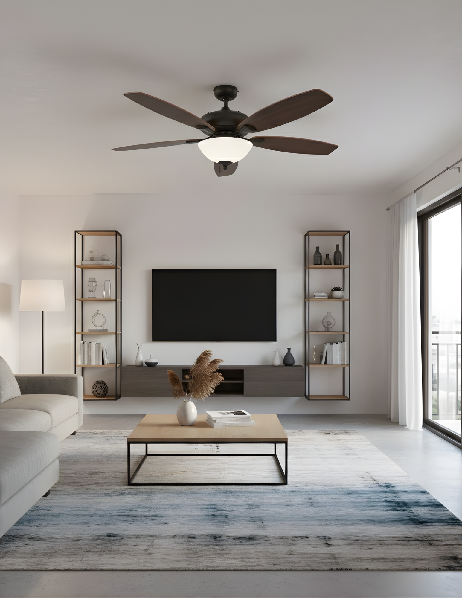 52" 5-Blade UFO Fan Oak/Walnut Blades 2-Light Bowl White Glass LED Kit - Bold Indoor Fans in Rubbed Bronze