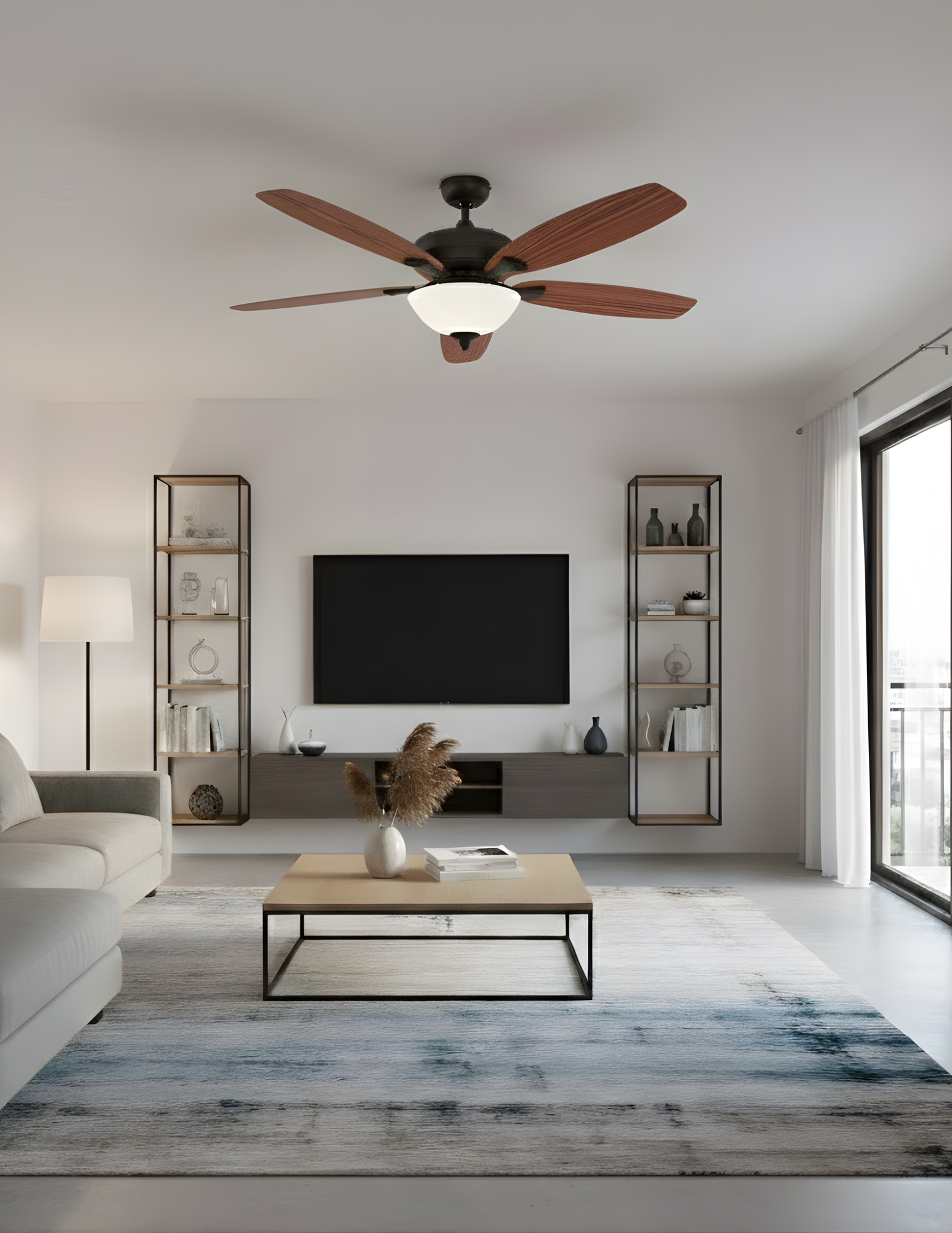 52" 5-Blade UFO Fan Oak/Walnut Blades 2-Light Bowl White Glass LED Kit - Bold Indoor Fans in Rubbed Bronze