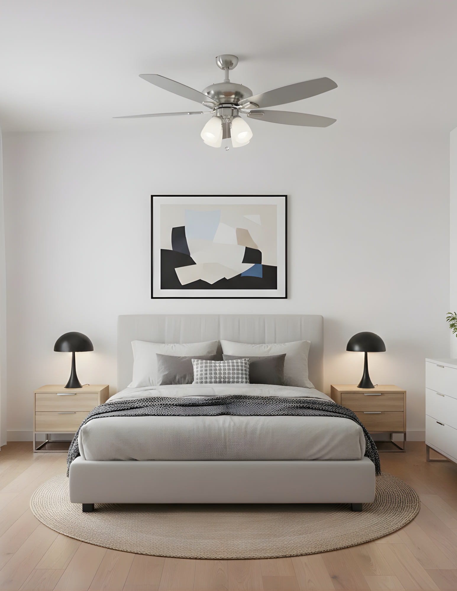 52" 5-Blade UFO Fan Silver/Walnut Blades 4-Light White Glass LED Kit - Decorative Indoor Fans in Brushed Nickel