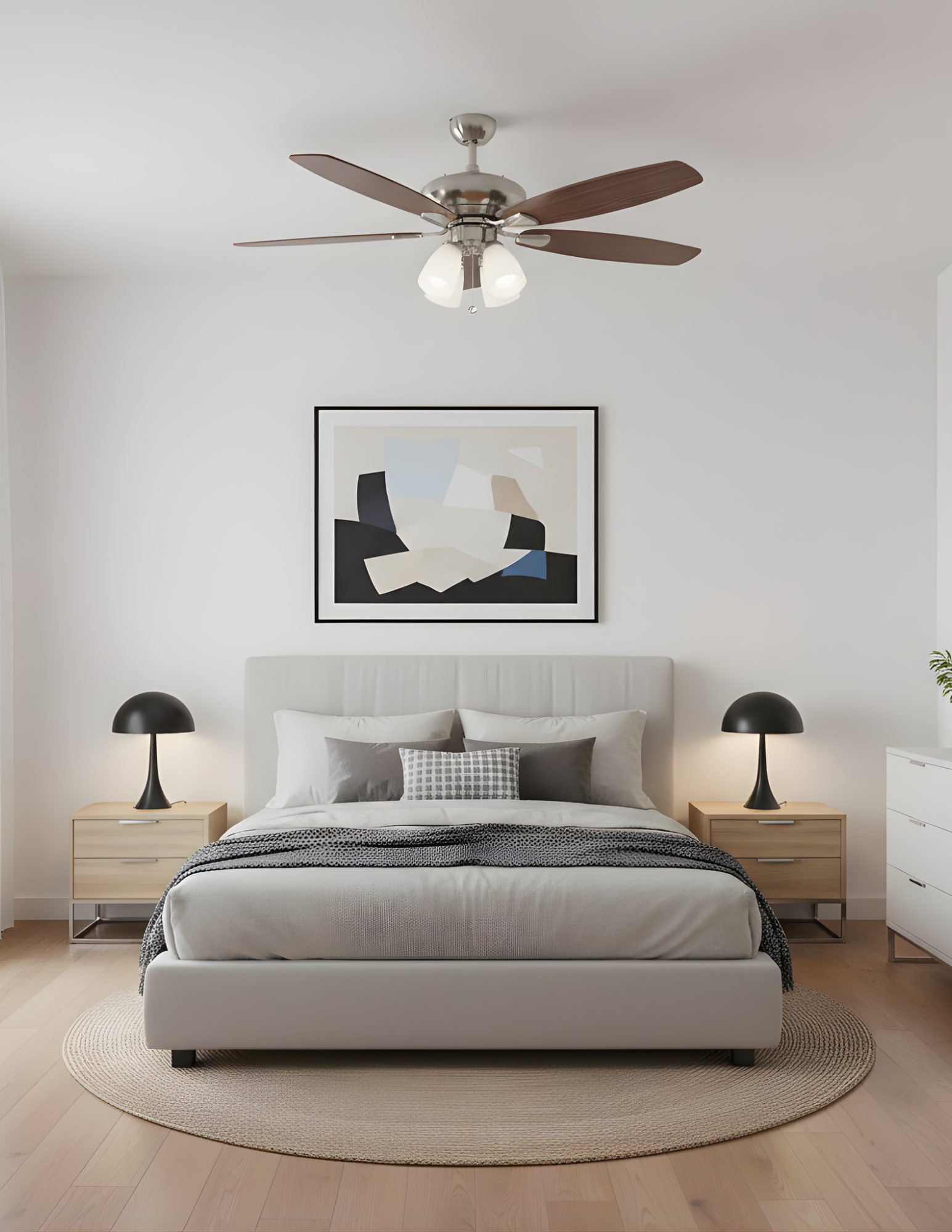 52" 5-Blade UFO Fan Silver/Walnut Blades 4-Light White Glass LED Kit - Decorative Indoor Fans in Brushed Nickel