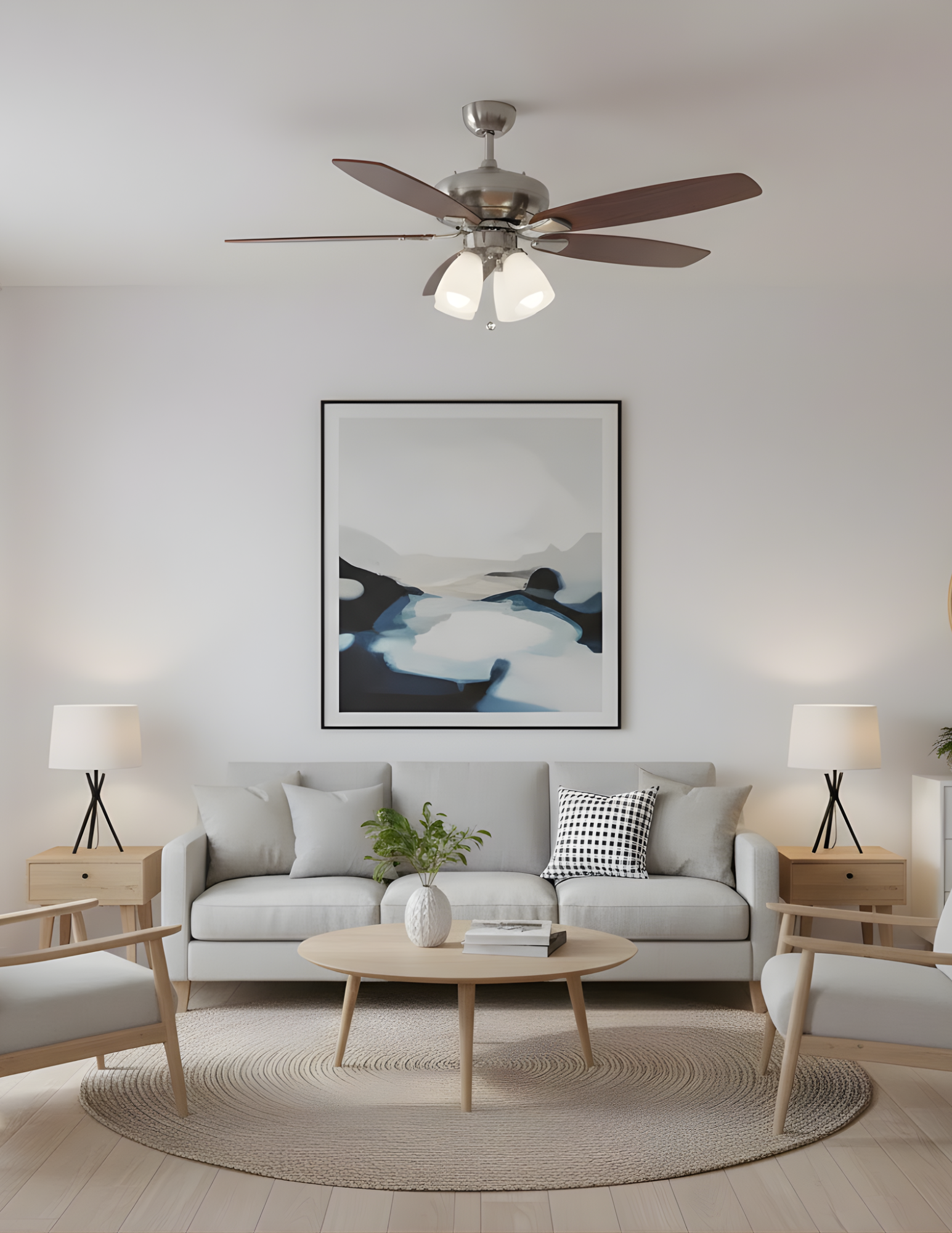 52" 5-Blade UFO Fan Silver/Walnut Blades 4-Light White Glass LED Kit - Decorative Indoor Fans in Brushed Nickel