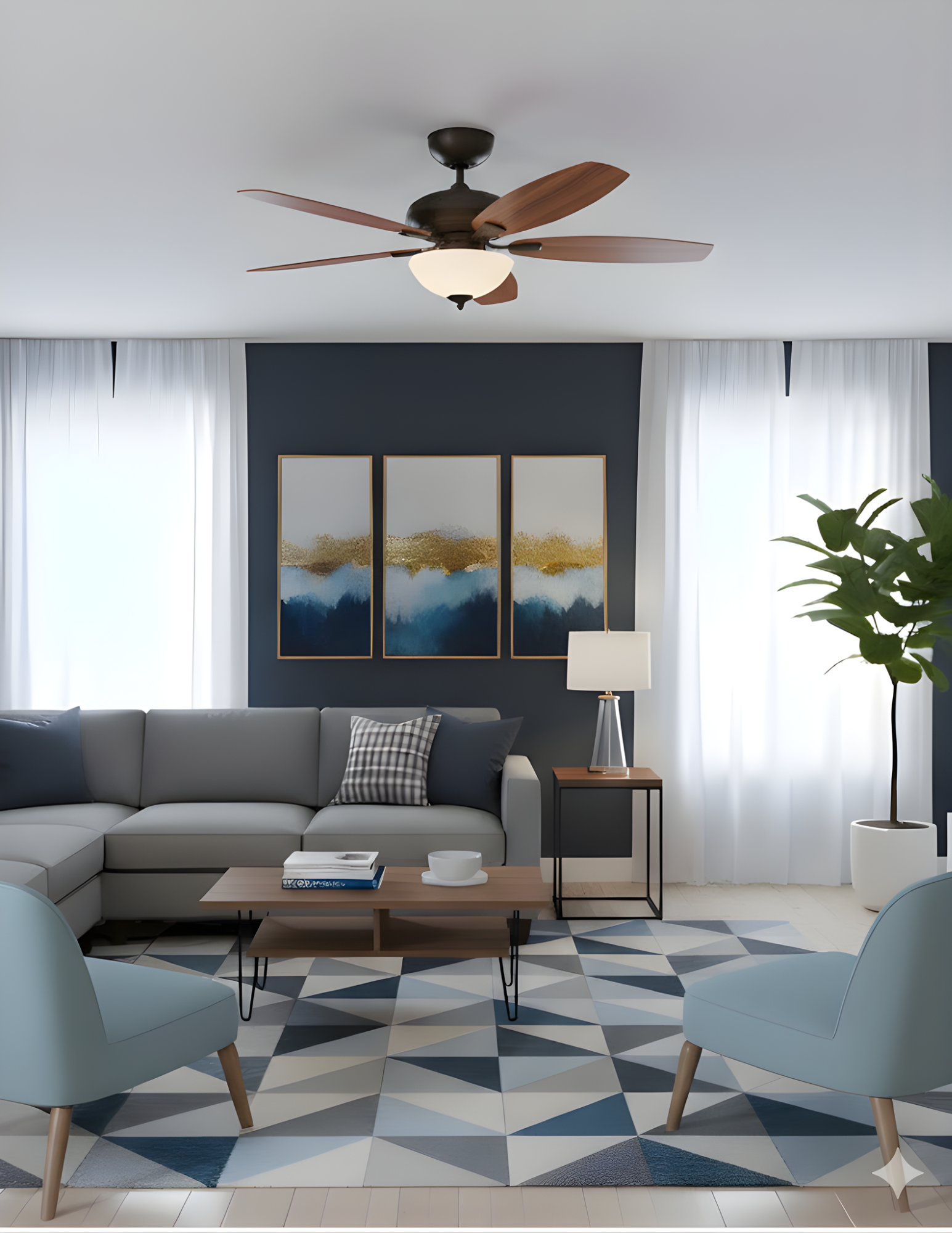 52" 5-Blade UFO Fan NK Silver/Walnut Blades 2-Light Bowl White Glass LED Kit