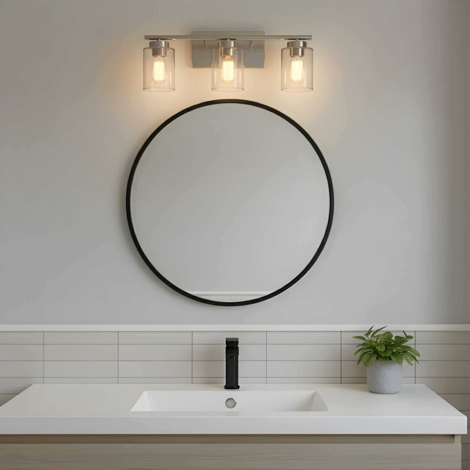 3-Light Clear Glass Vanity - Sleek Vanities in Brushed Nickel
