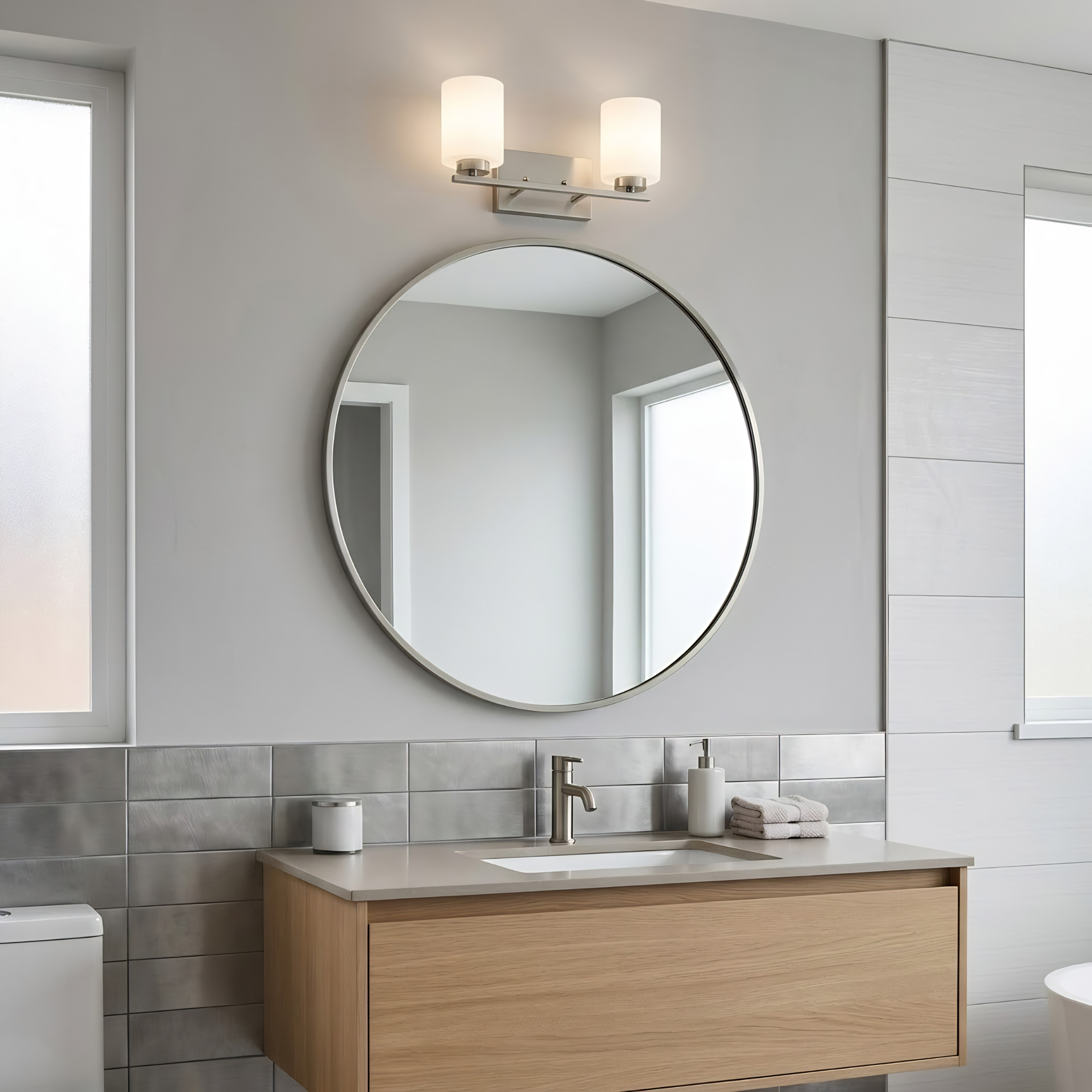 2-Light White Glass Vanity - Functional Vanities in Brushed Nickel