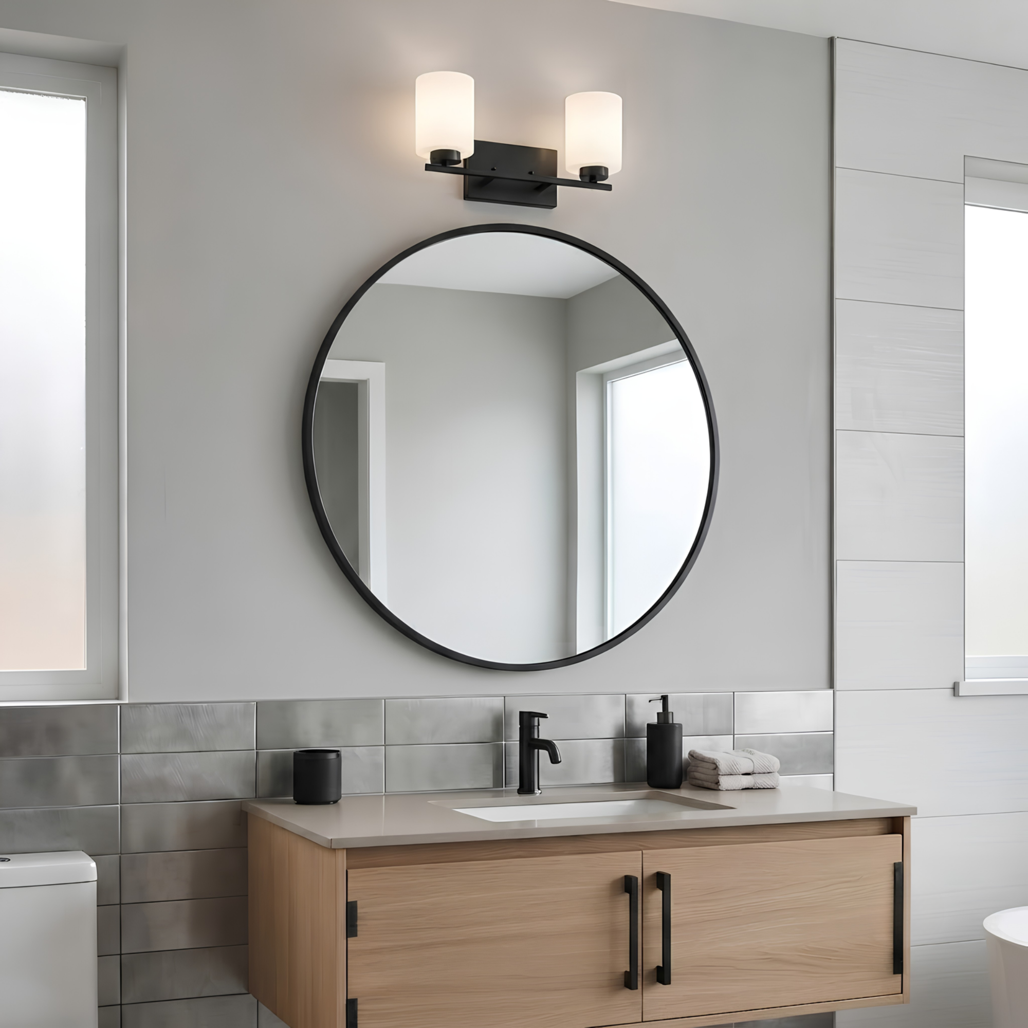 2-Light White Glass Vanity - Statement-Making Vanities in Matte Black