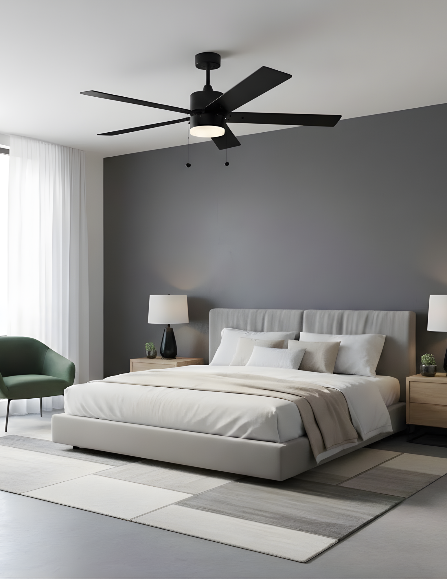 5-Blade 52" Modern Cylinder Fan Matte Black/Walnut Blades Pull Chain 3K, 4K, 5K - Clean-Line Indoor Fans in Matte Black