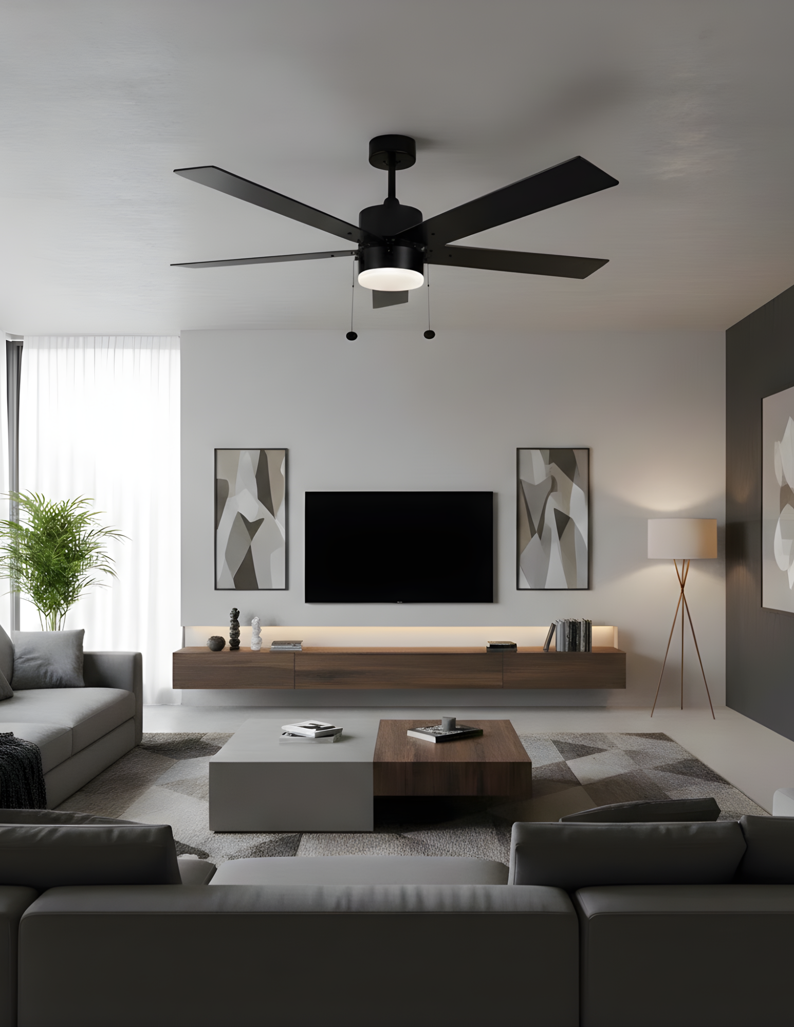 5-Blade 52" Modern Cylinder Fan Matte Black/Walnut Blades Pull Chain 3K, 4K, 5K - Clean-Line Indoor Fans in Matte Black