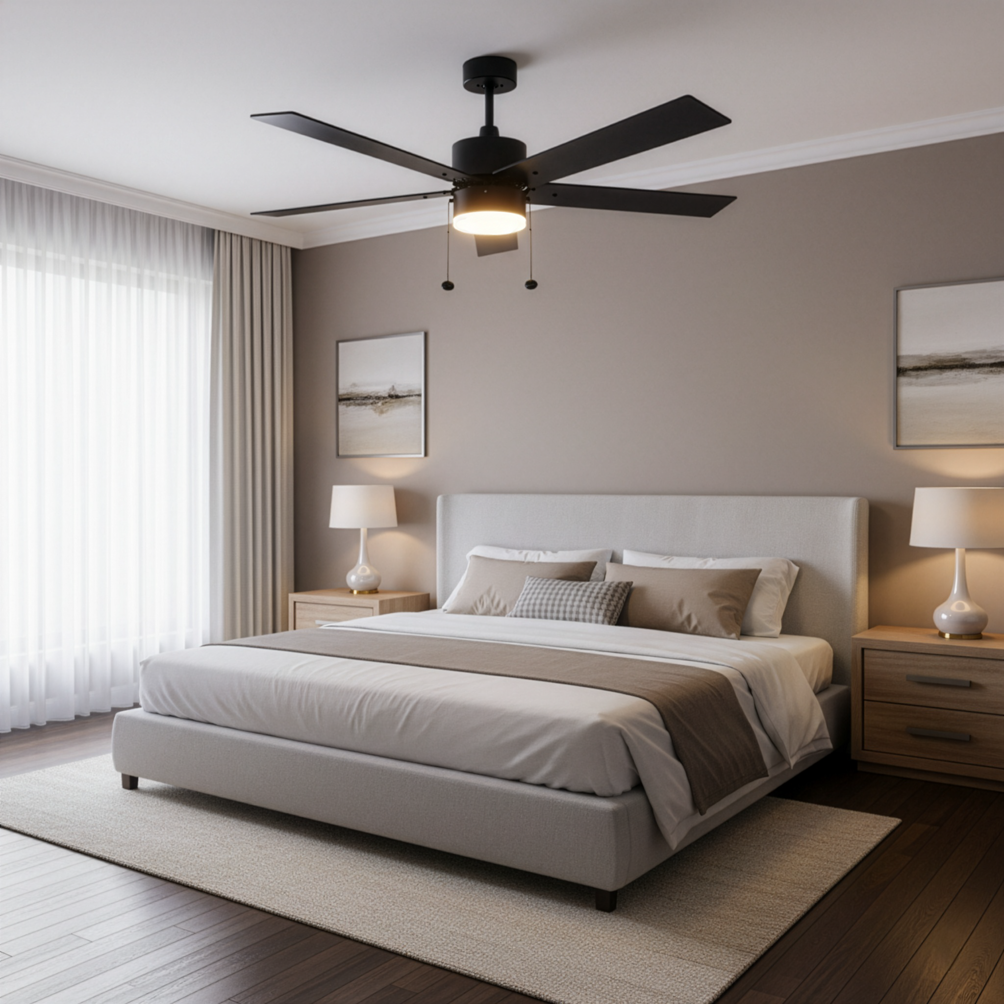 5-Blade 52" Modern Cylinder Fan Matte Black/Walnut Blades Pull Chain 3K, 4K, 5K - Clean-Line Indoor Fans in Matte Black
