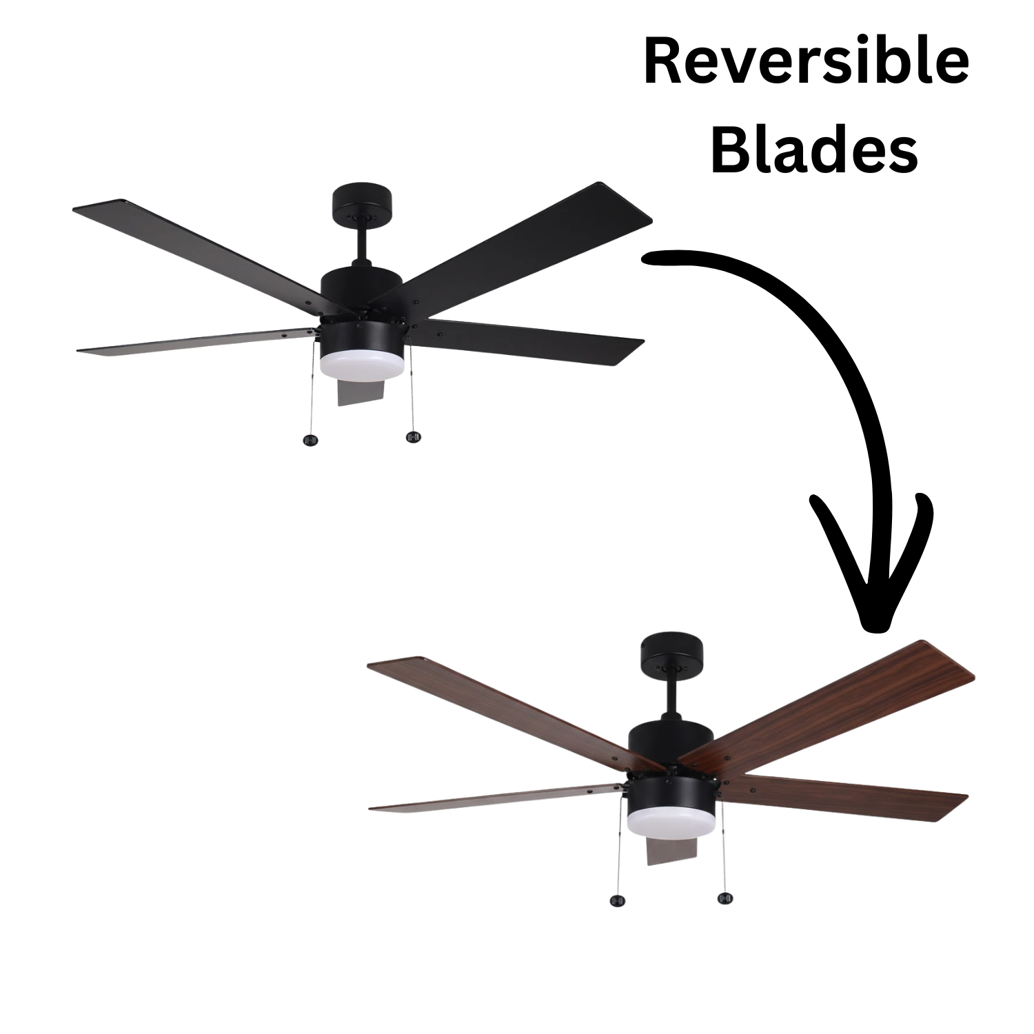 5-Blade 52" Modern Cylinder Fan Matte Black/Walnut Blades Pull Chain 3K, 4K, 5K - Clean-Line Indoor Fans in Matte Black