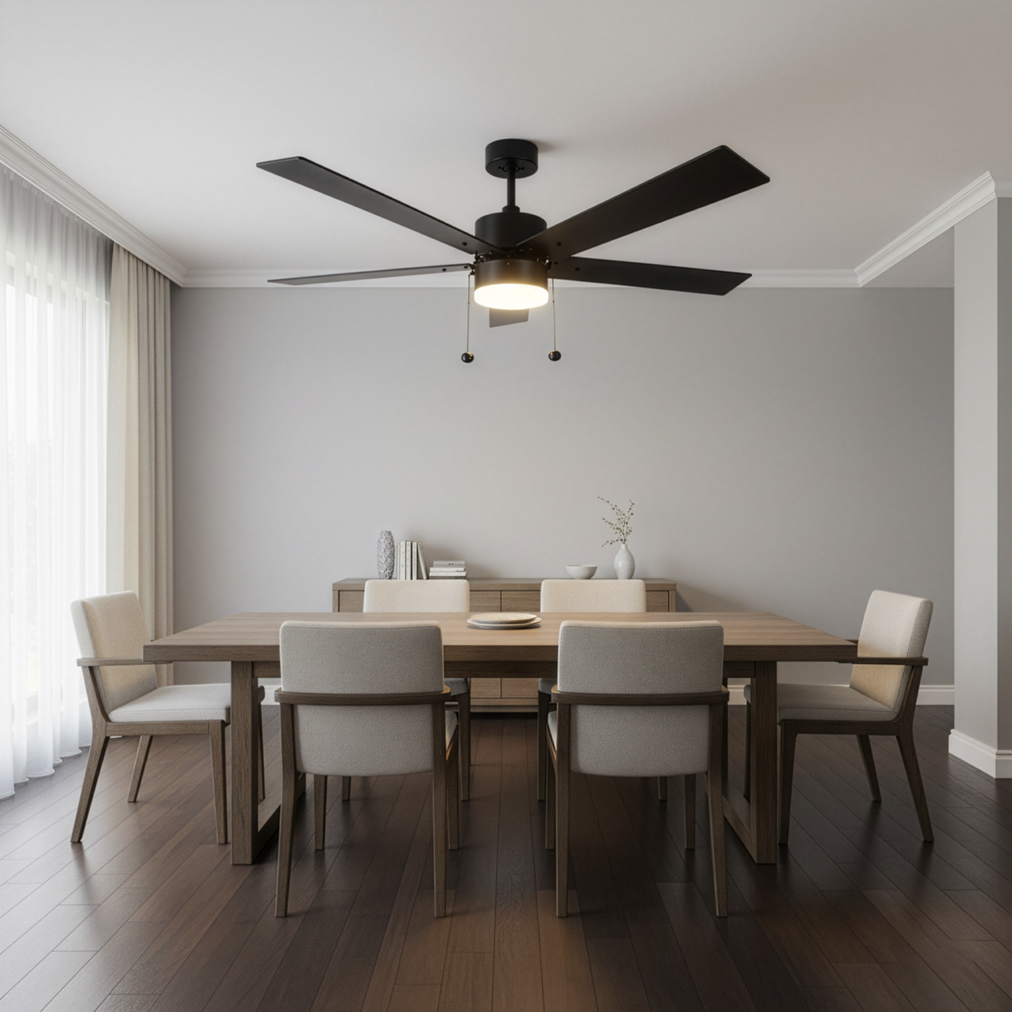 5-Blade 52" Modern Cylinder Fan Matte Black/Walnut Blades Pull Chain 3K, 4K, 5K - Clean-Line Indoor Fans in Matte Black