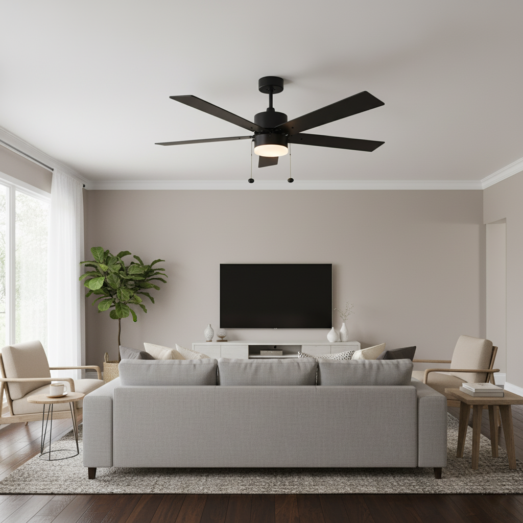5-Blade 52" Modern Cylinder Fan Matte Black/Walnut Blades Pull Chain 3K, 4K, 5K - Clean-Line Indoor Fans in Matte Black