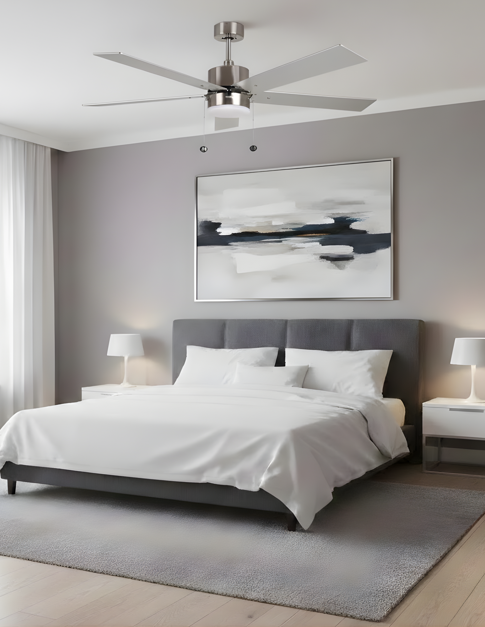 5-Blade 52" Modern Cylinder Fan Silver/Walnut Blades Pull Chain 3K, 4K, 5K - Chic Indoor Fans in Brushed Nickel