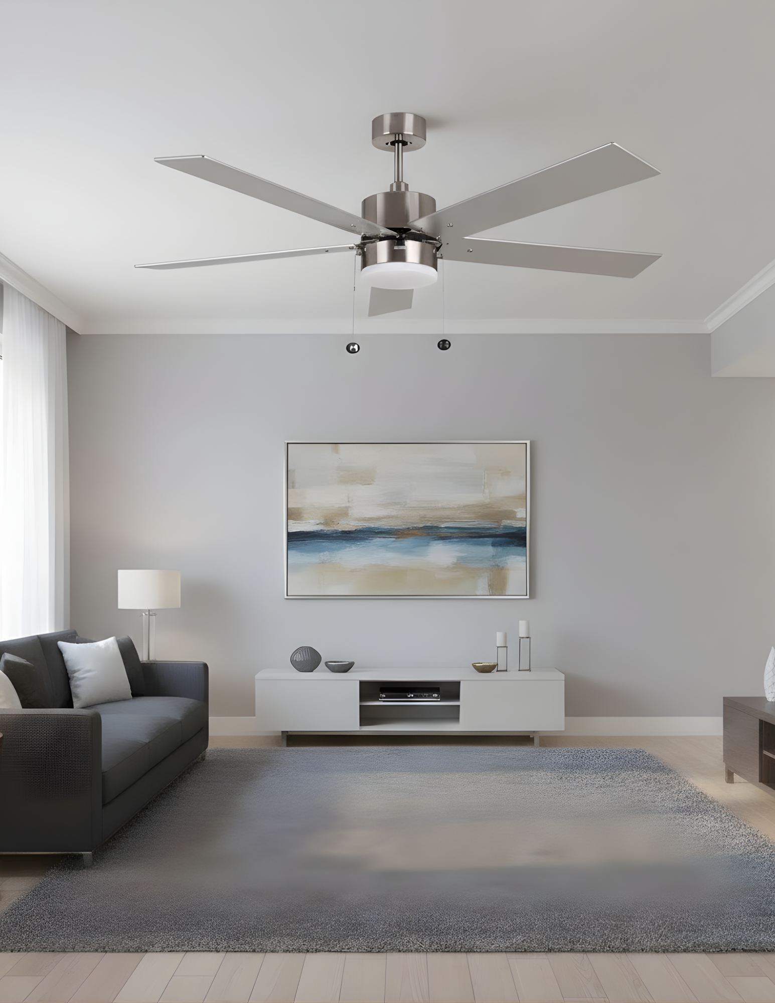 5-Blade 52" Modern Cylinder Fan Silver/Walnut Blades Pull Chain 3K, 4K, 5K - Chic Indoor Fans in Brushed Nickel