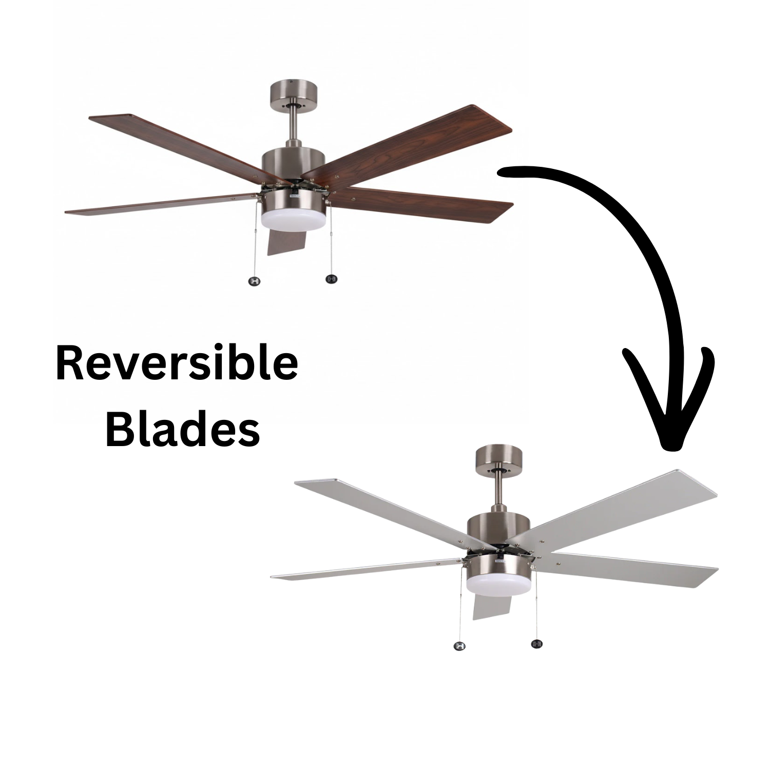 5-Blade 52" Modern Cylinder Fan Silver/Walnut Blades Pull Chain 3K, 4K, 5K - Chic Indoor Fans in Brushed Nickel