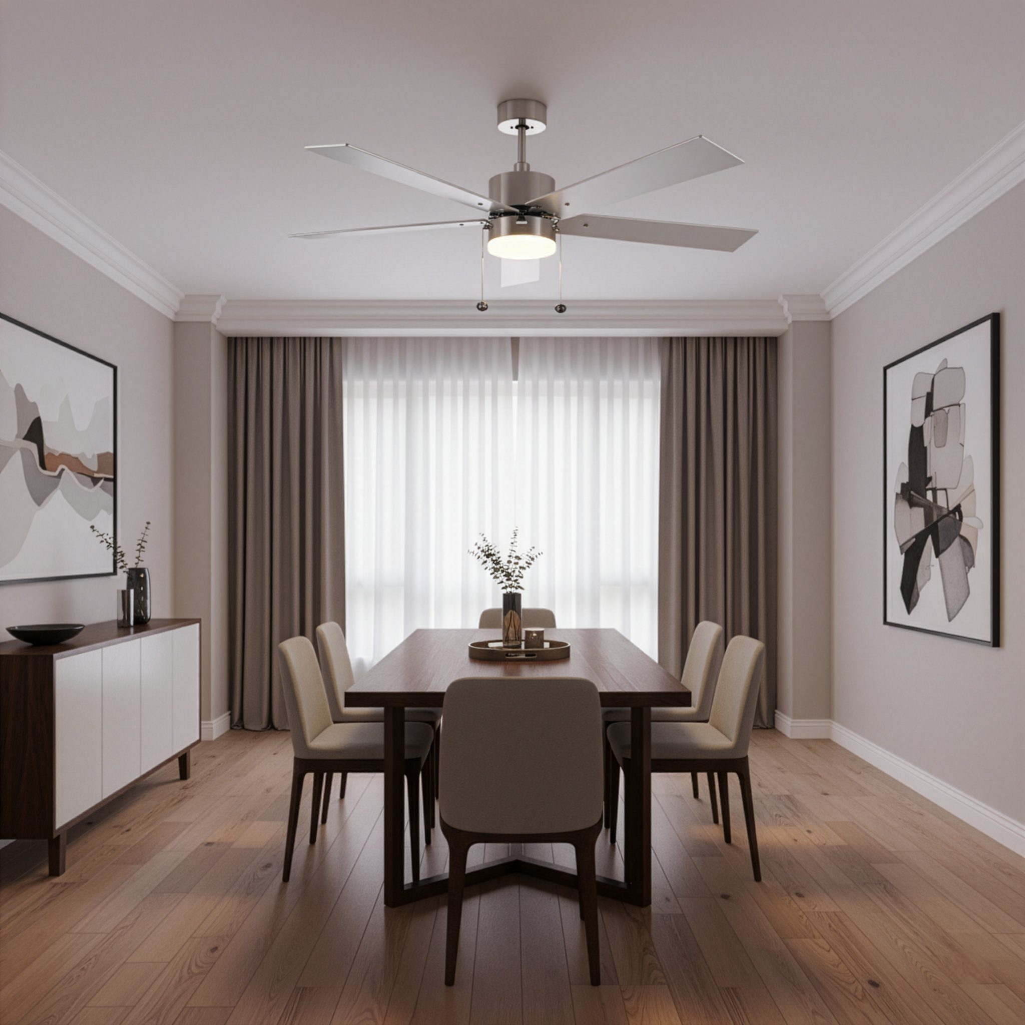 5-Blade 52" Modern Cylinder Fan Silver/Walnut Blades Pull Chain 3K, 4K, 5K - Chic Indoor Fans in Brushed Nickel