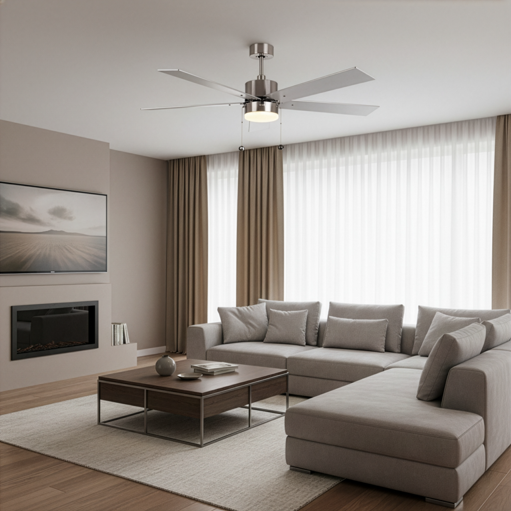 5-Blade 52" Modern Cylinder Fan Silver/Walnut Blades Pull Chain 3K, 4K, 5K - Chic Indoor Fans in Brushed Nickel