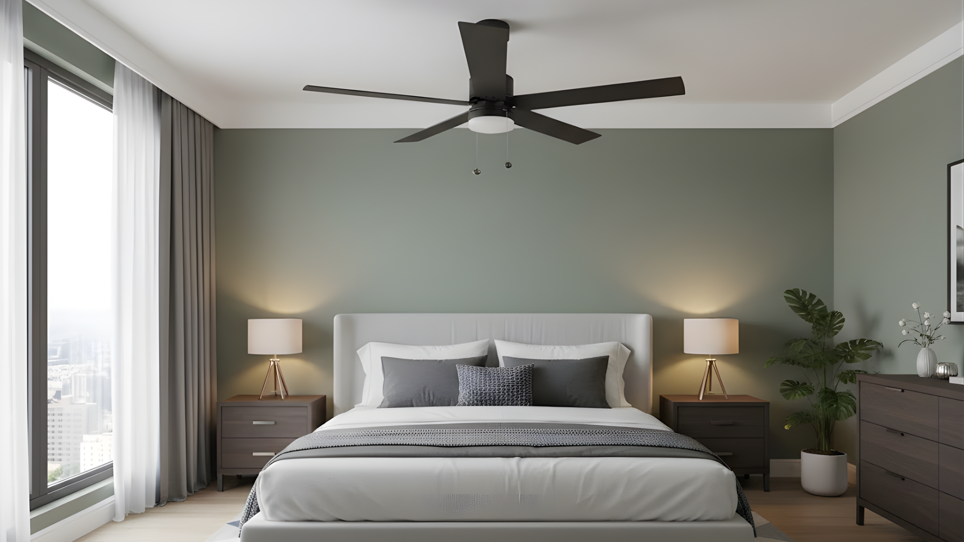 5-Blade 54" MB Modern Damp Location Fan Matte Black Blades Pull Chain 3K, 4K, 5K