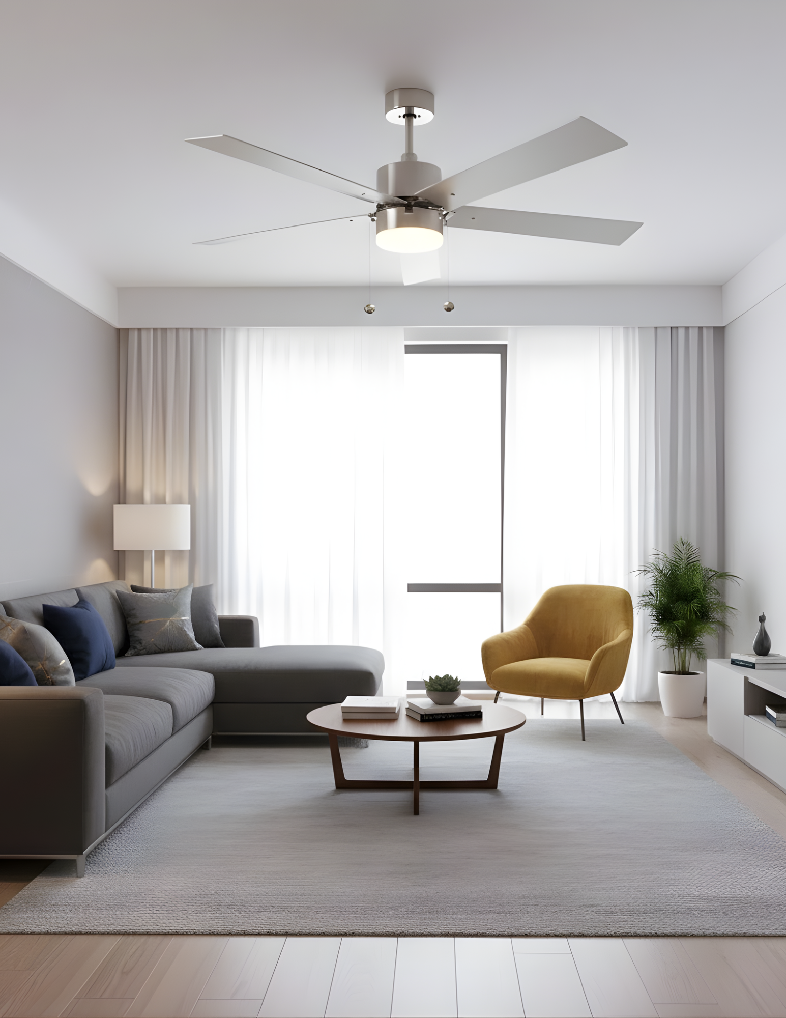 5-Blade 52" NK Modern Fan Silver/Walnut Blades Pull Chain 3K, 4K, 5K