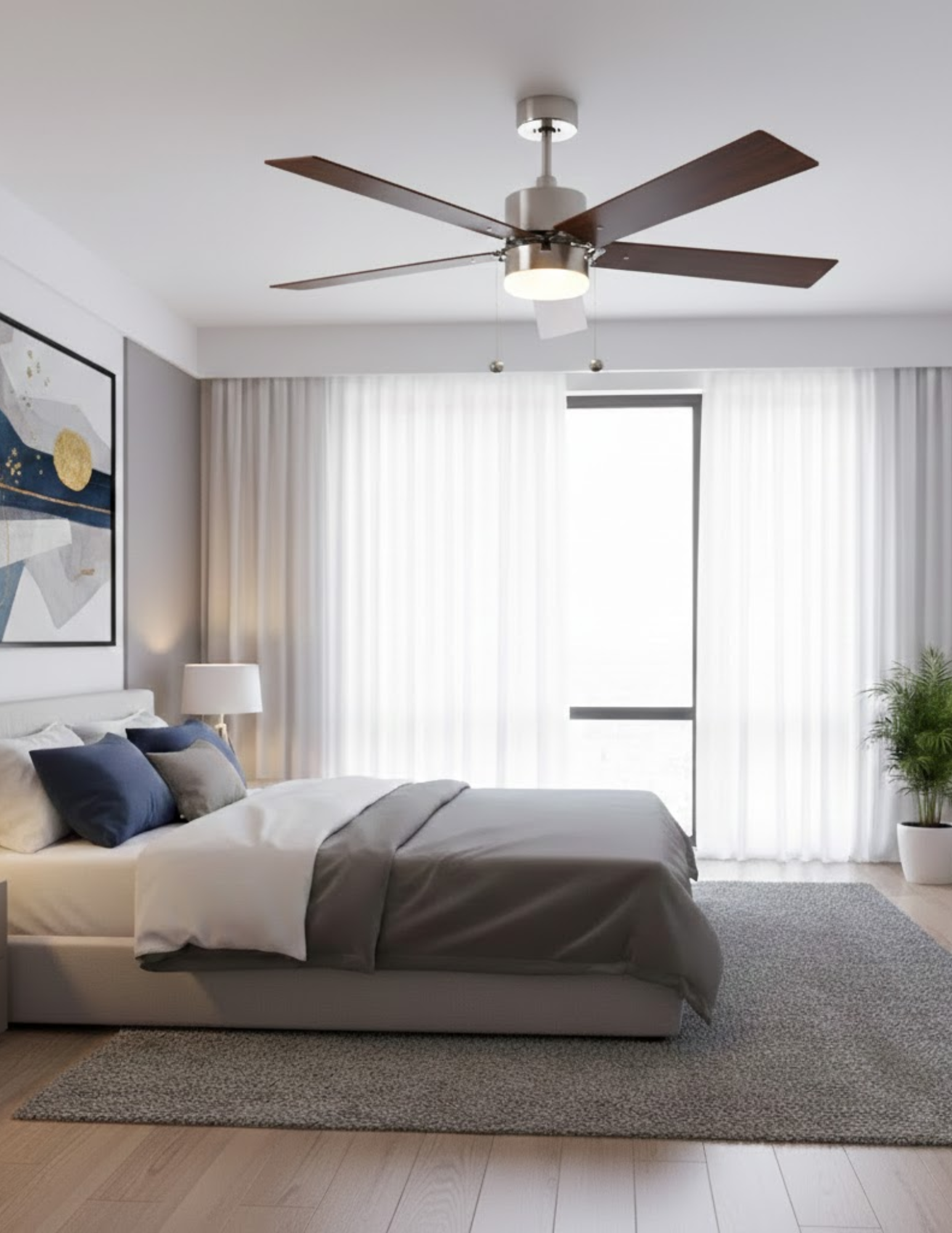 5-Blade 52" NK Modern Fan Silver/Walnut Blades Pull Chain 3K, 4K, 5K