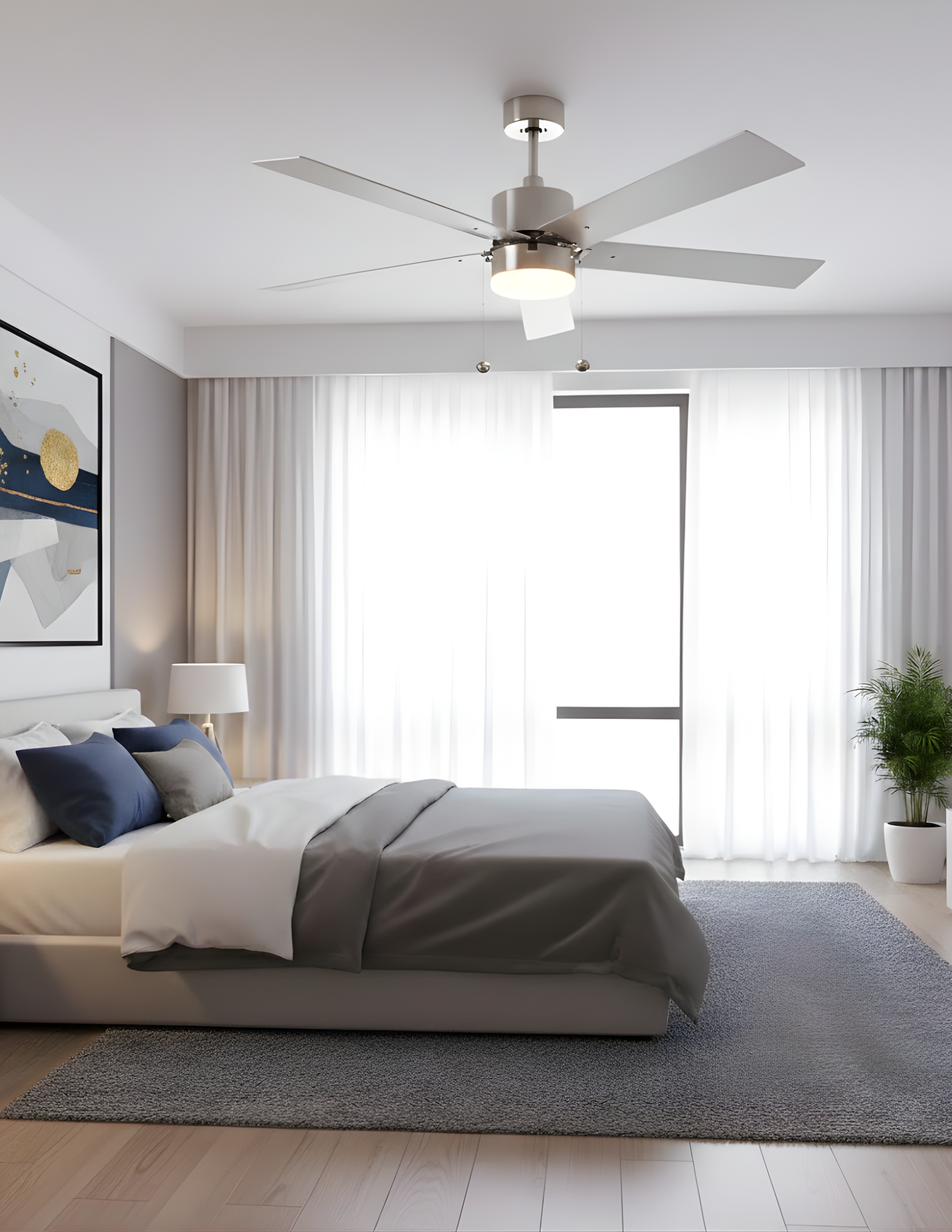 5-Blade 52" NK Modern Fan Silver/Walnut Blades Pull Chain 3K, 4K, 5K