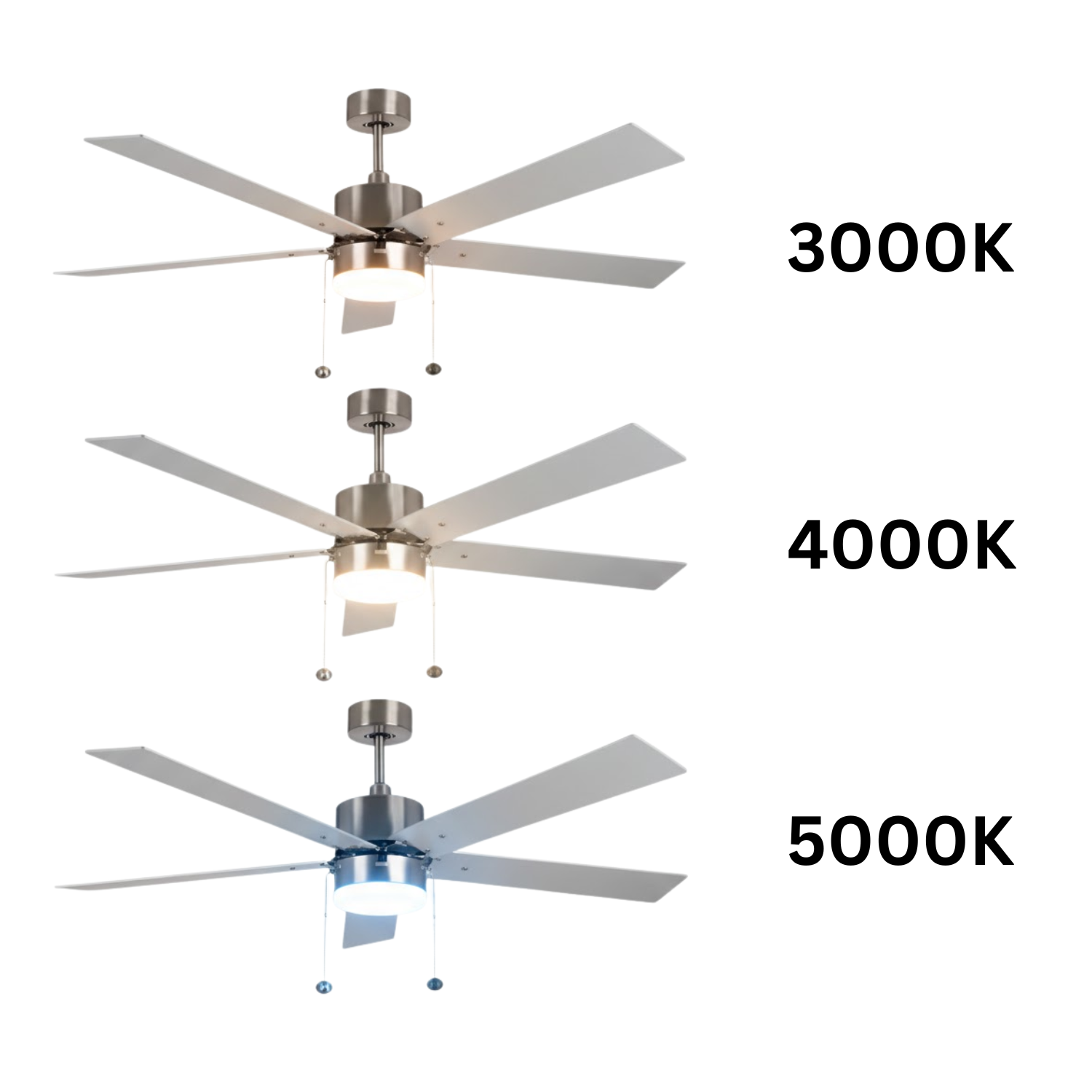 5-Blade 52" NK Modern Fan Silver/Walnut Blades Pull Chain 3K, 4K, 5K