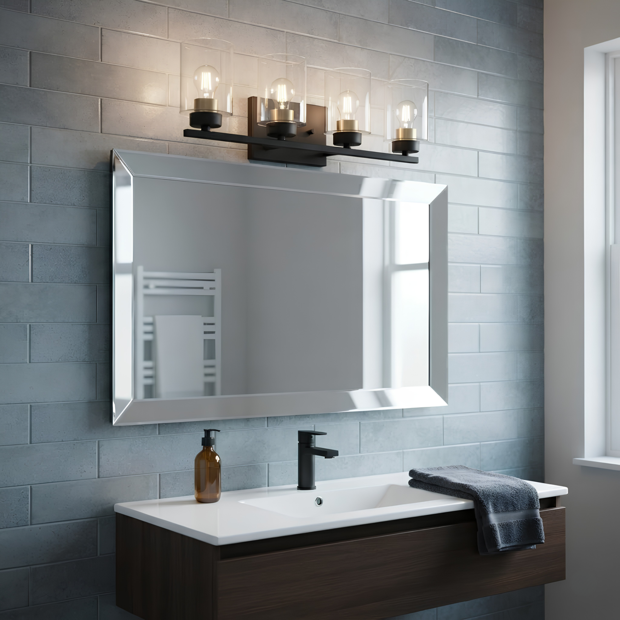 4-Light Clear Glass Vanity - MB w CG Socket Rings