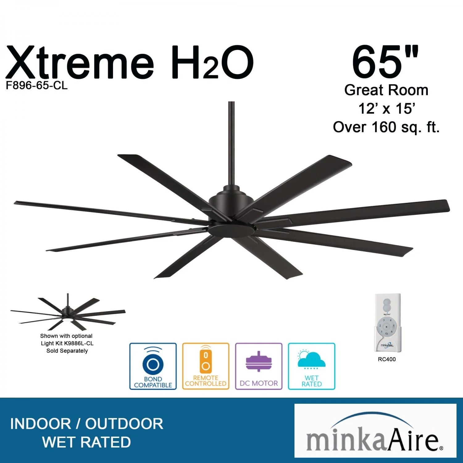MinkaAire Xtreme H2O 65″ Ceiling Fan — Coal Finish, 8 Blades, DC Motor, Remote Control Included - Contemporary Indoor Fans