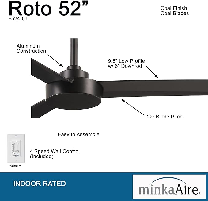 MinkaAire Roto 52" Ceiling Fan in Coal Finish — 3 Blades, Wall Control Included