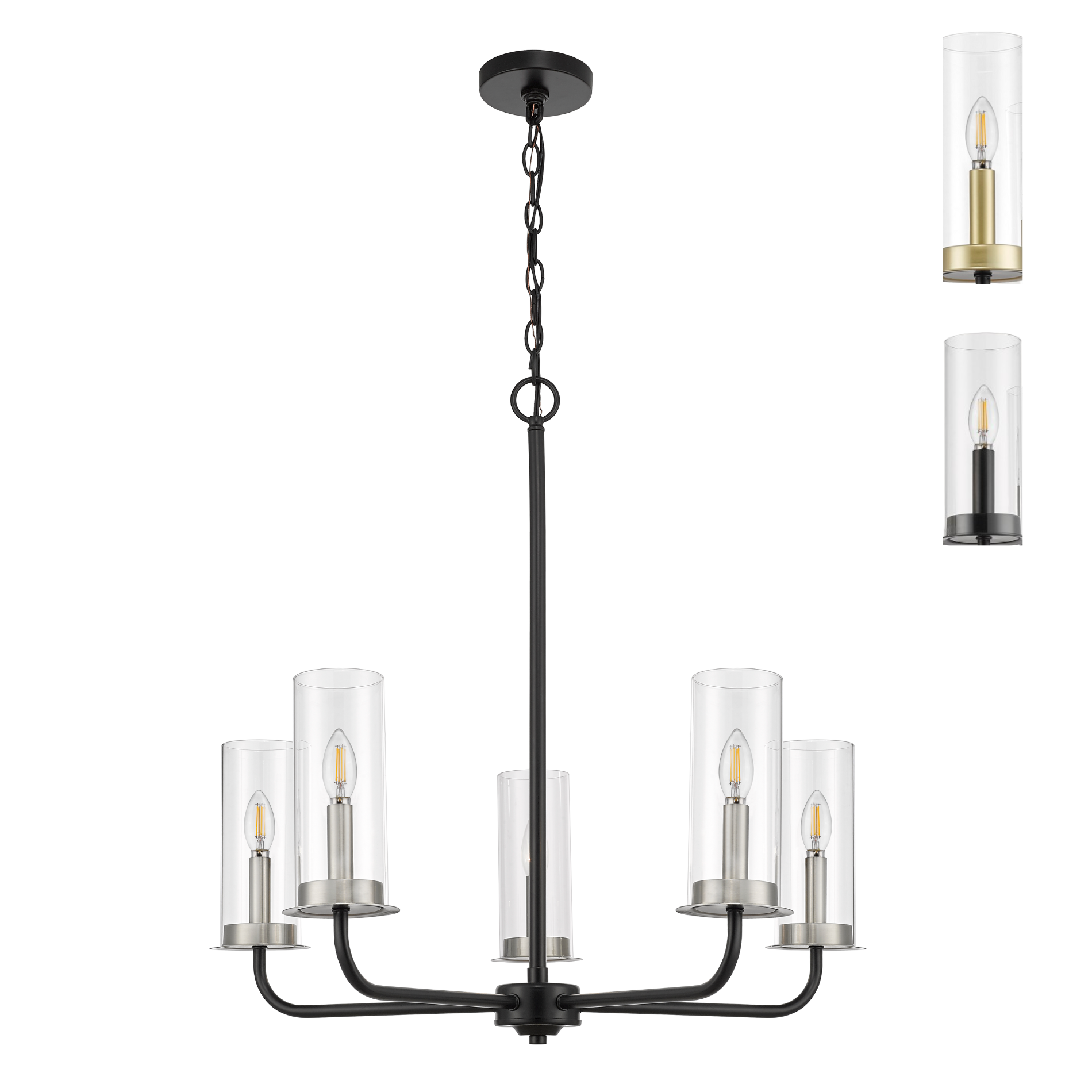 5-Light Aura Matte Black & Brushed Nickel Two-Toned Chandelier with 3 colors of Chandelier Sleeve Brushed Nickel & Matte Black & Champion Gold