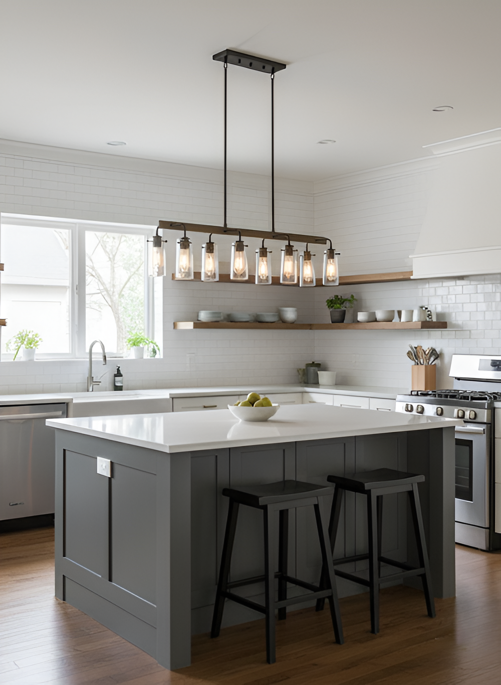 Roxton 8-Light Island Clear Glass with Wood Style Accents - Sophisticated Pendants in Matte Black