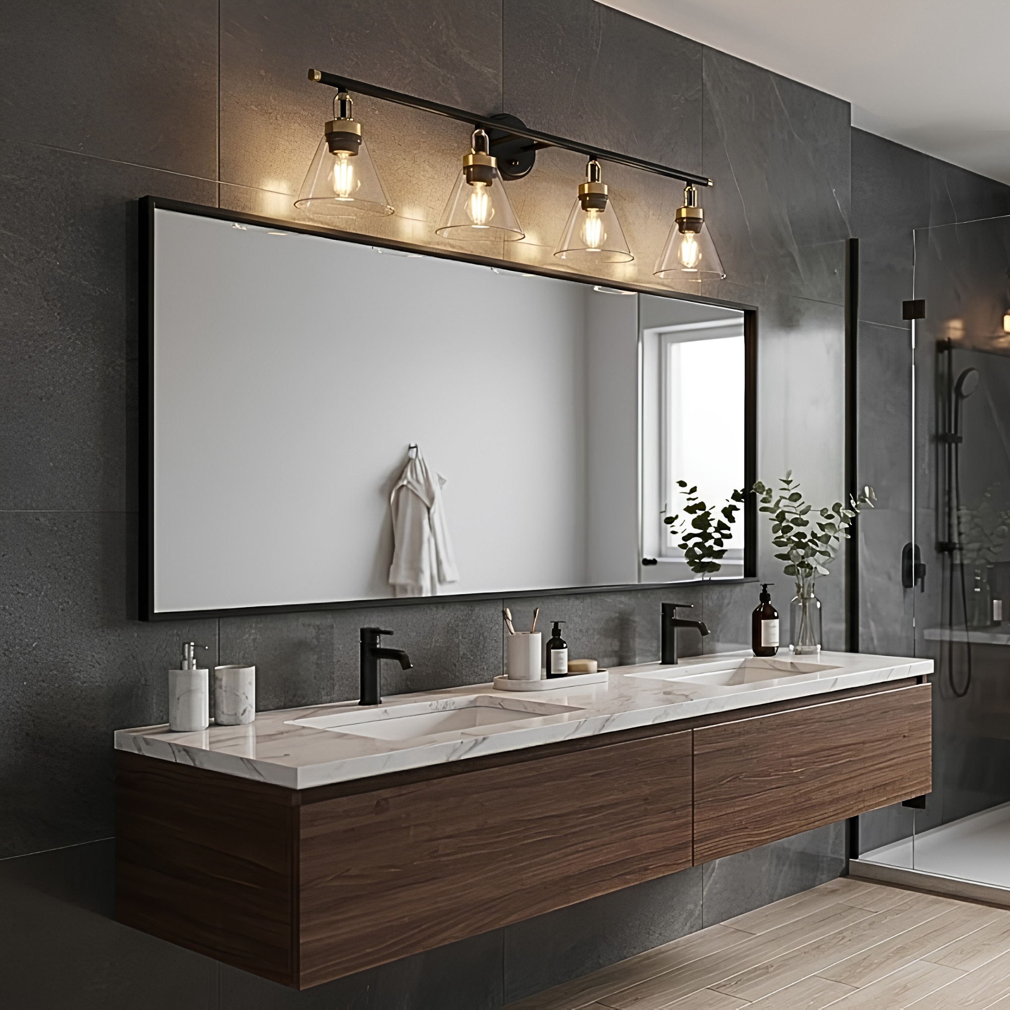 Siene 4-Light Vanity - Matte Black/Champagne Gold - Clear Cone Glass - Refined Vanities