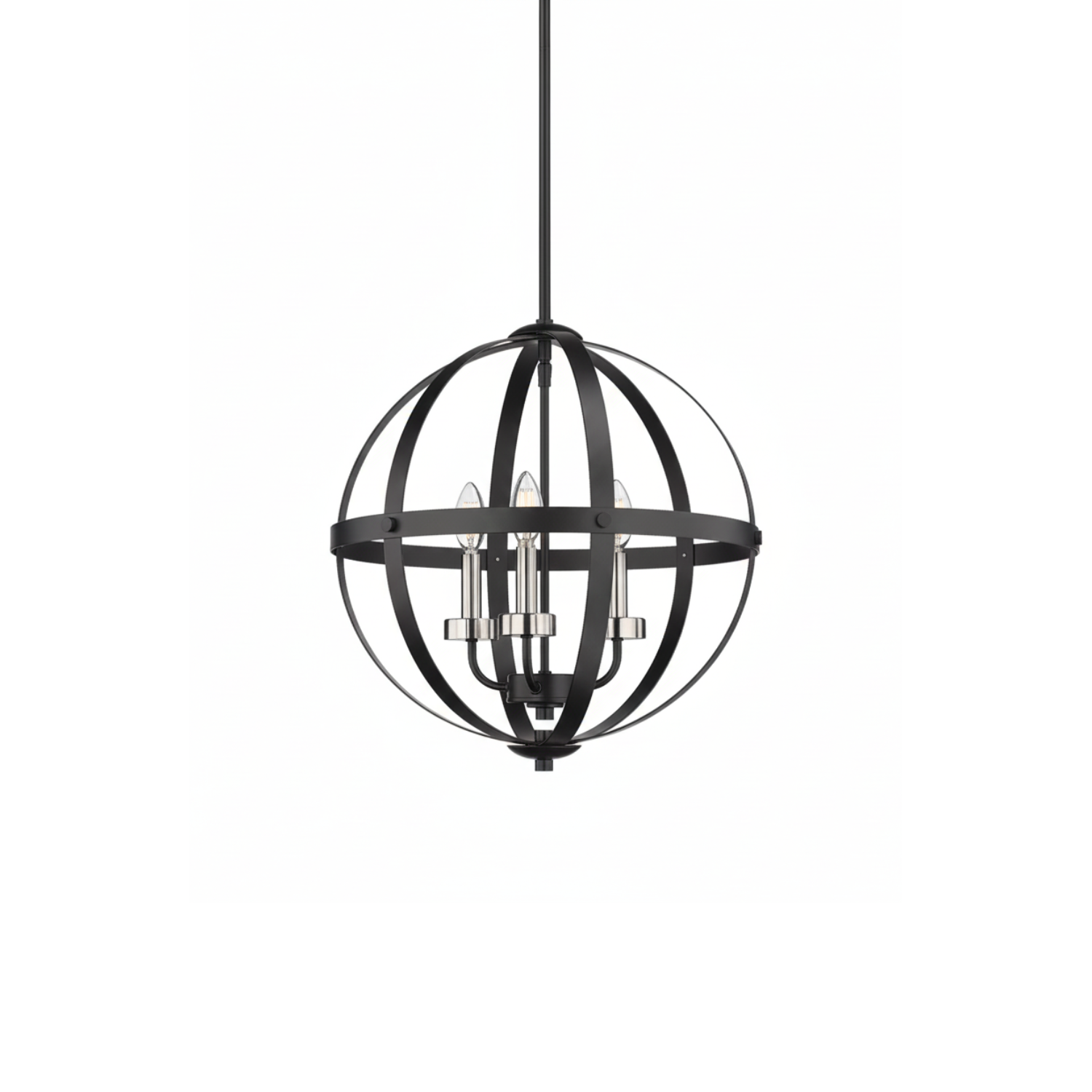 Aura 12" 3-Light Strap Steel Sphere with MB,CG, and Candle Covers - Minimalist Pendants in Matte Black / Brushed Nickel