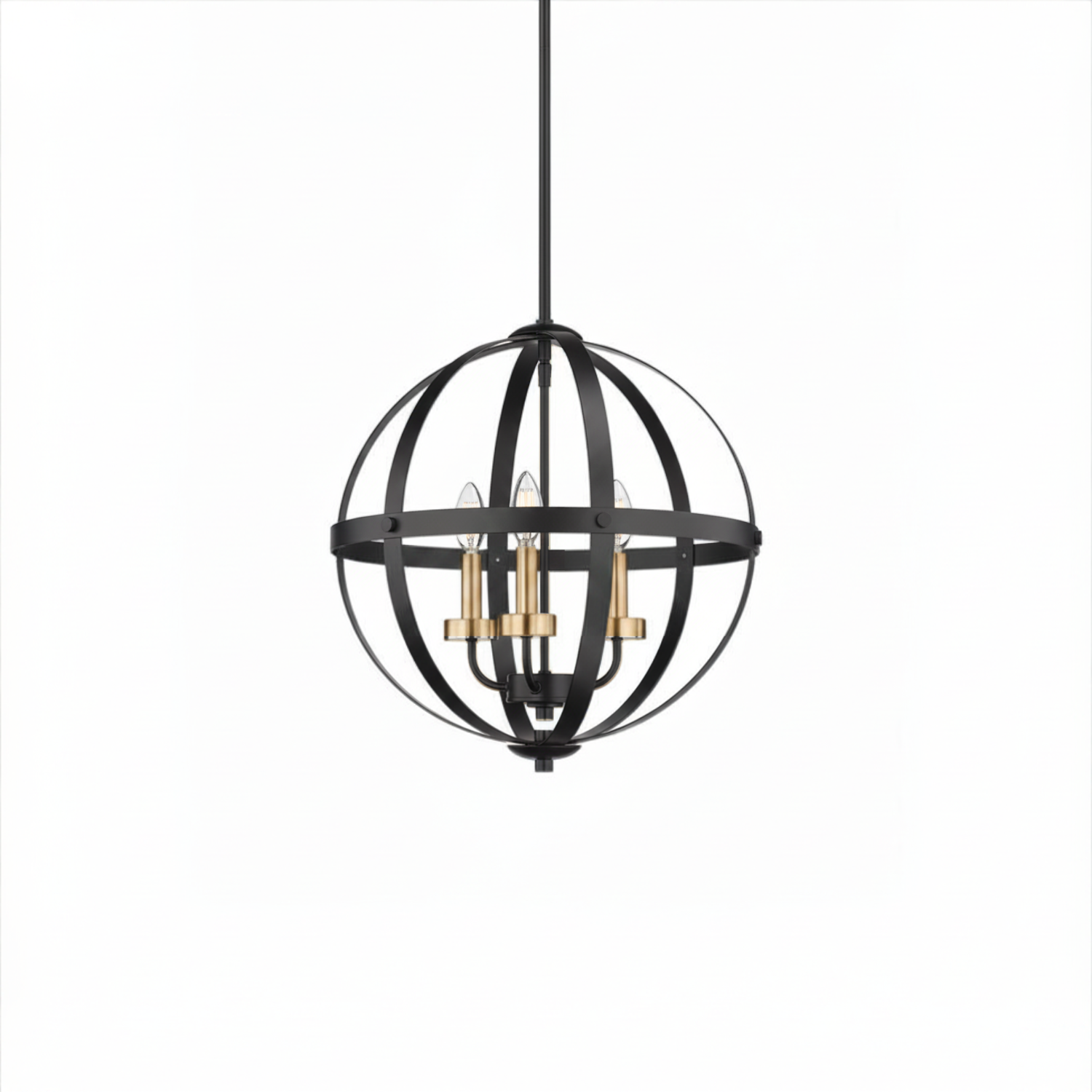 Aura 12" 3-Light Strap Steel Sphere with MB,CG, and Candle Covers - Minimalist Pendants in Matte Black / Brushed Nickel