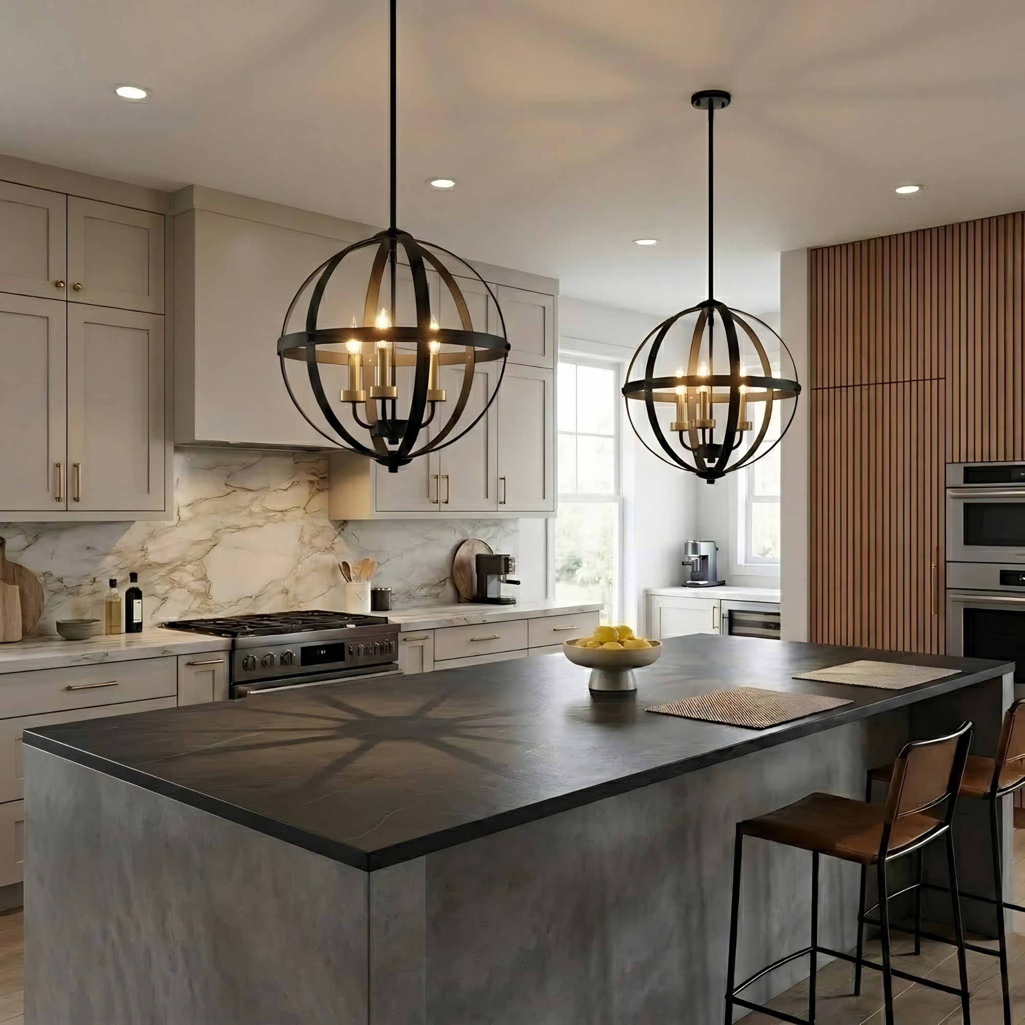 Aura 12" 3-Light Strap Steel Sphere with MB,CG, and Candle Covers - Minimalist Pendants in Matte Black / Brushed Nickel