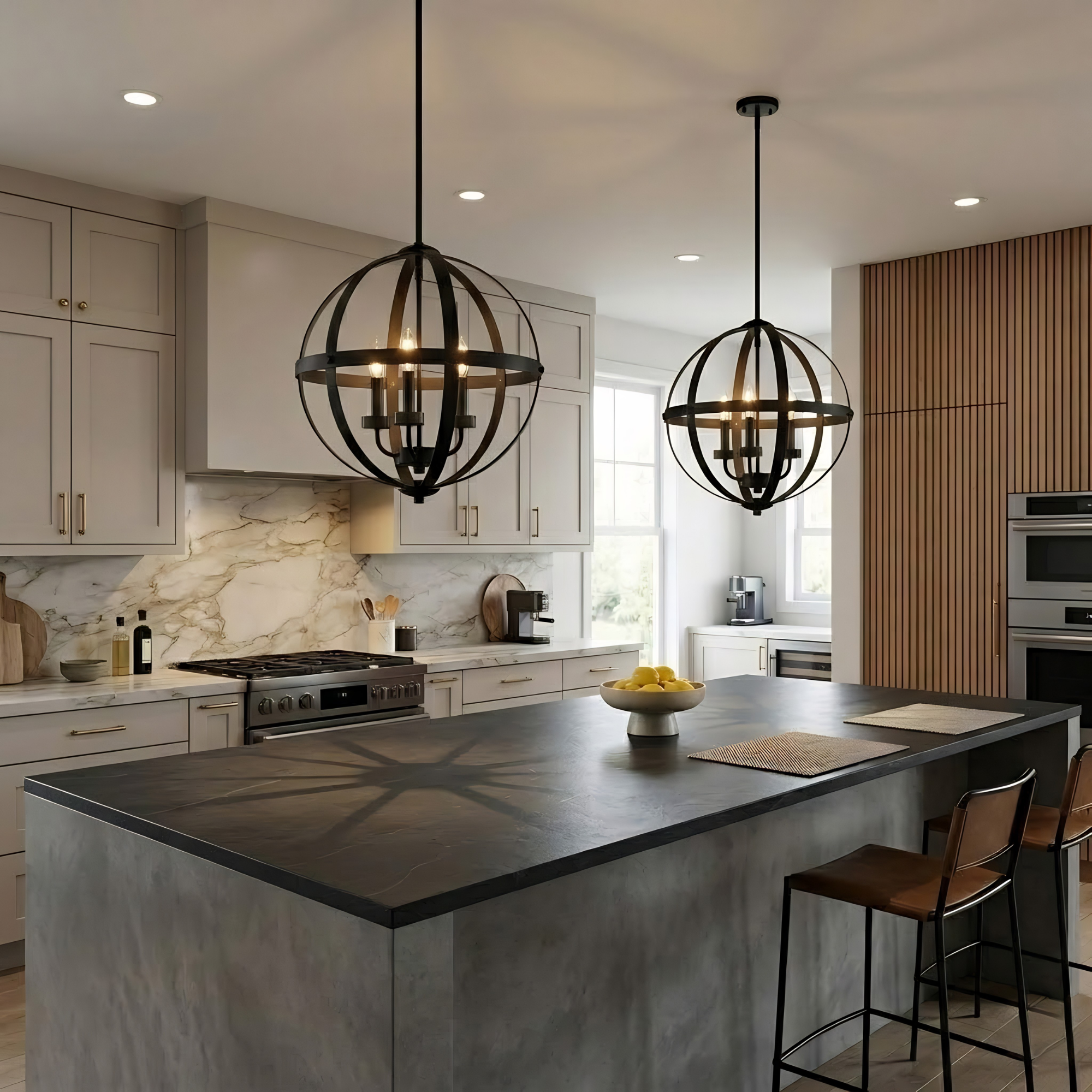 Aura 12" 3-Light Strap Steel Sphere with MB,CG, and Candle Covers - Minimalist Pendants in Matte Black / Brushed Nickel
