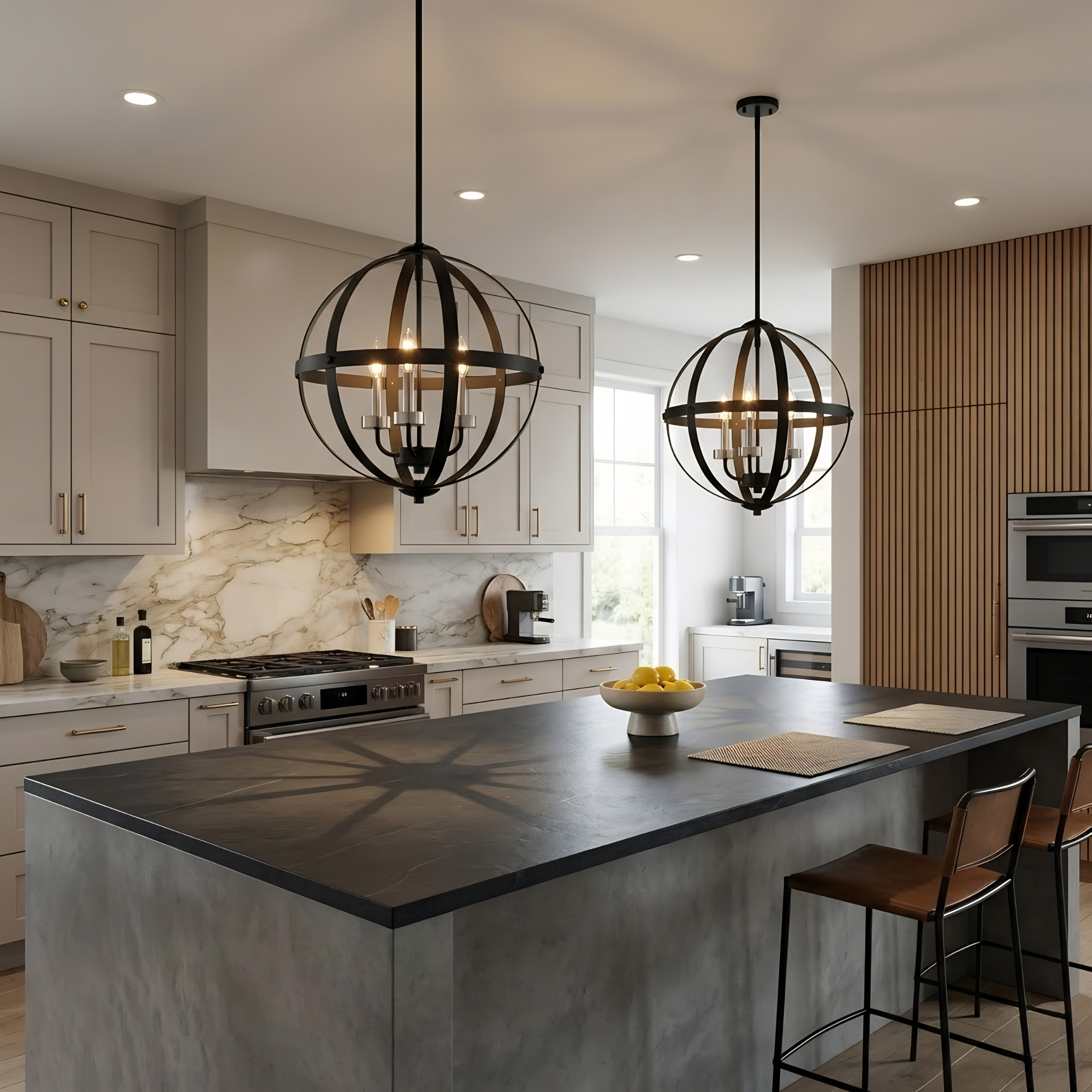 Aura 12" 3-Light Strap Steel Sphere with MB,CG, and Candle Covers - Minimalist Pendants in Matte Black / Brushed Nickel