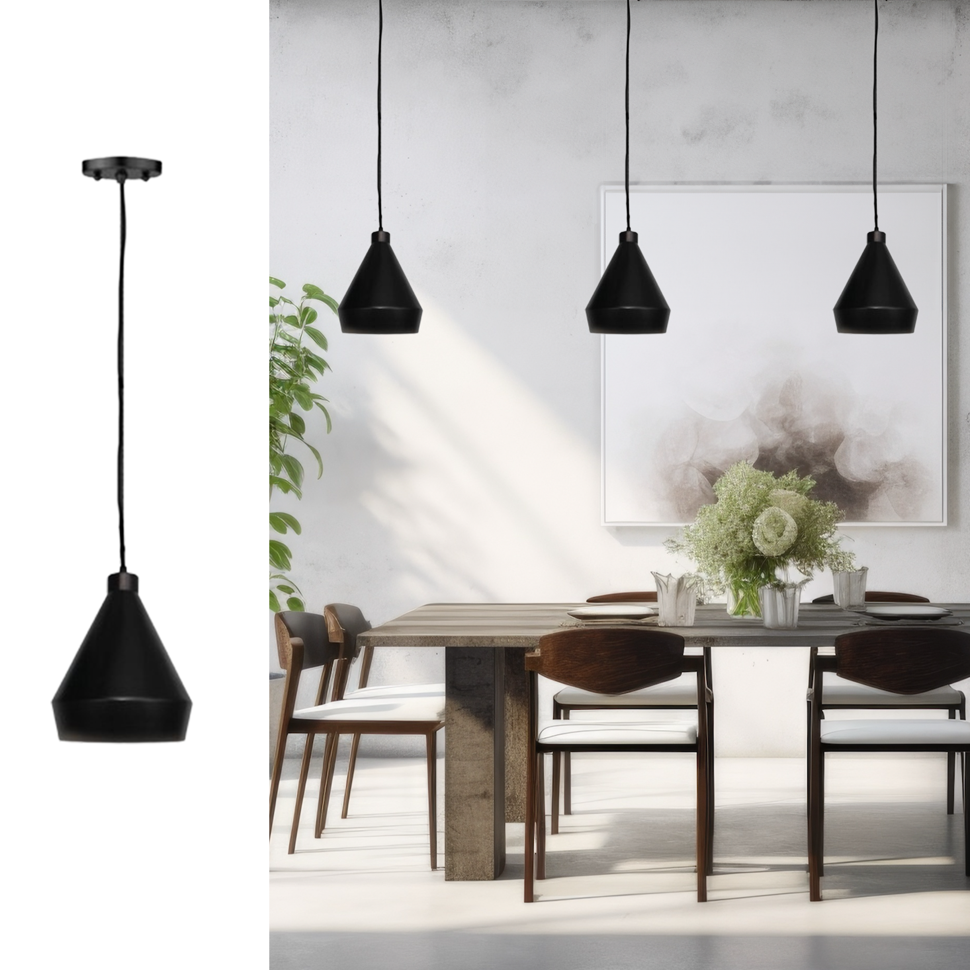 1-Light Matte Black Modern Corded Steel Shade Pendant