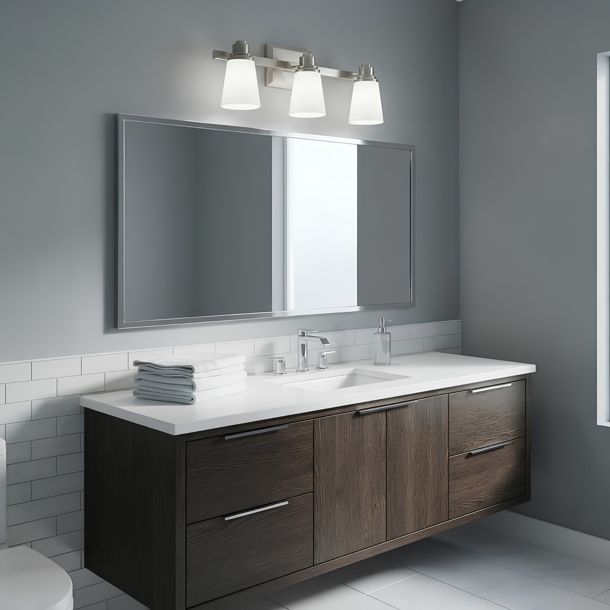 3-Light Vanity - White Frosted Glass - Chic Vanities in Brushed Nickel