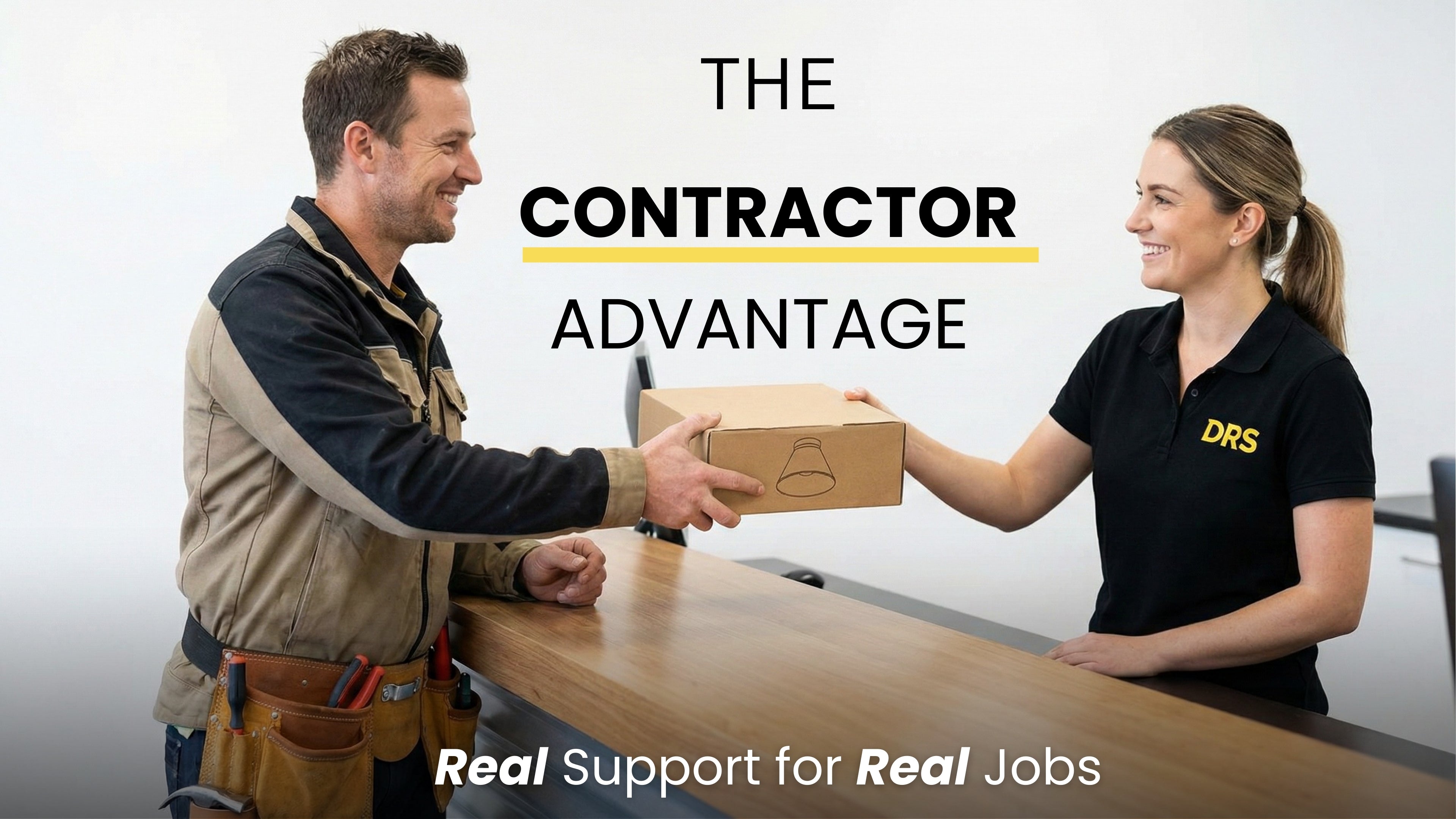 Person in work attire receiving a package from a DRS representative with text about the contractor advantage.