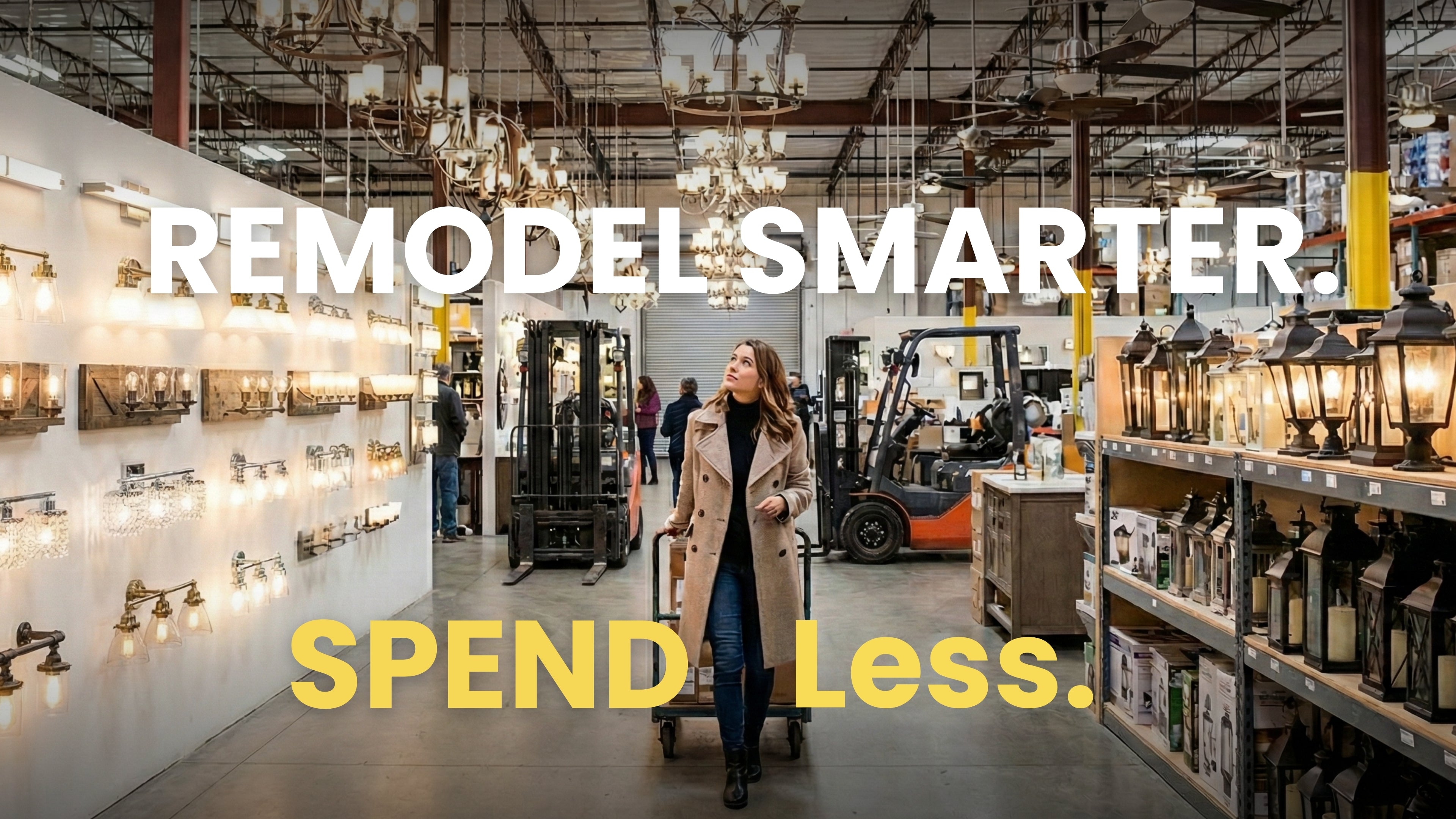 Woman walking through a warehouse with lighting fixtures, text overlay 'Remodel Smarter. Spend Less.'