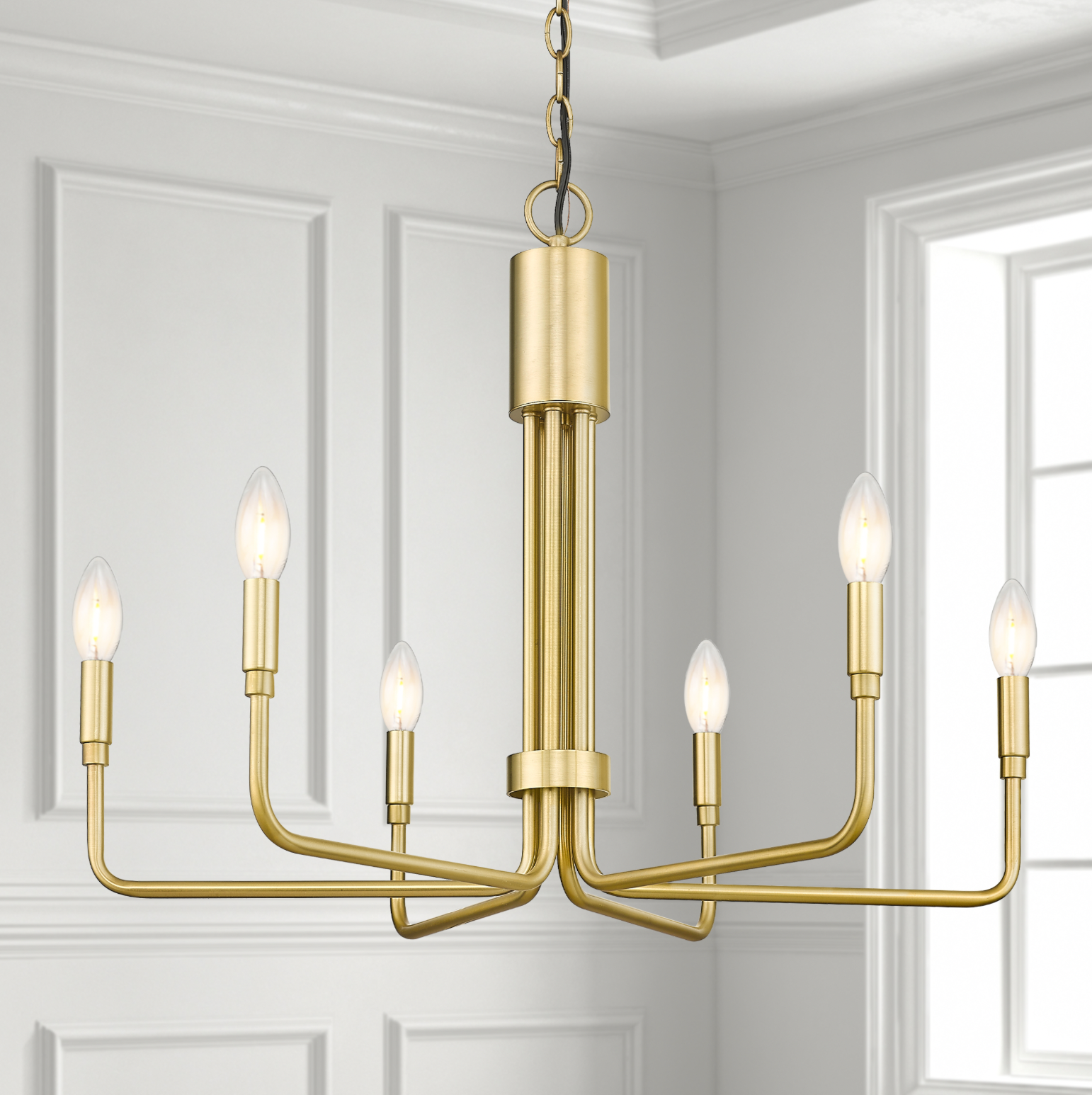 Alph 6-Light Modern Candle Style Flat Bottom Chandelier, Champagne Gold