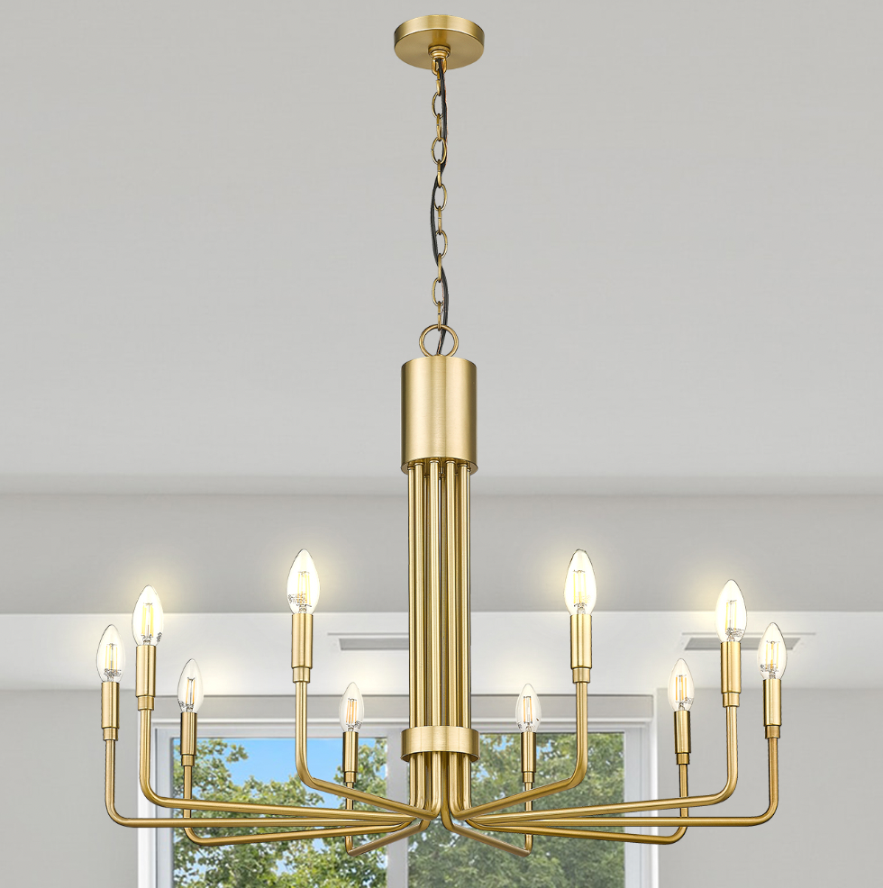 Alph 10-Light Modern Candle Style Flat Bottom Large Chandelier, Champagne Gold