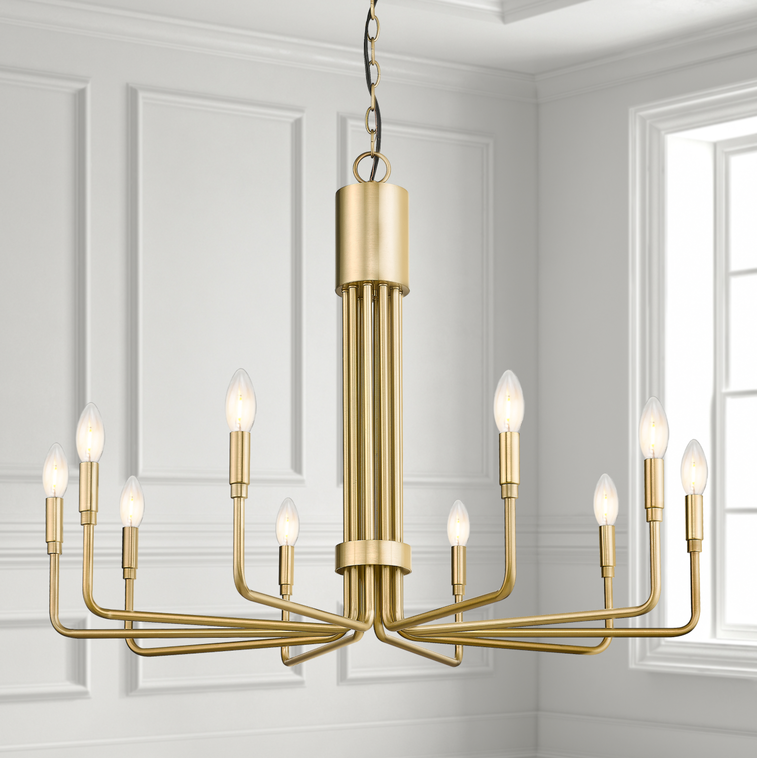 Alph 10-Light Modern Candle Style Flat Bottom Large Chandelier, Champagne Gold