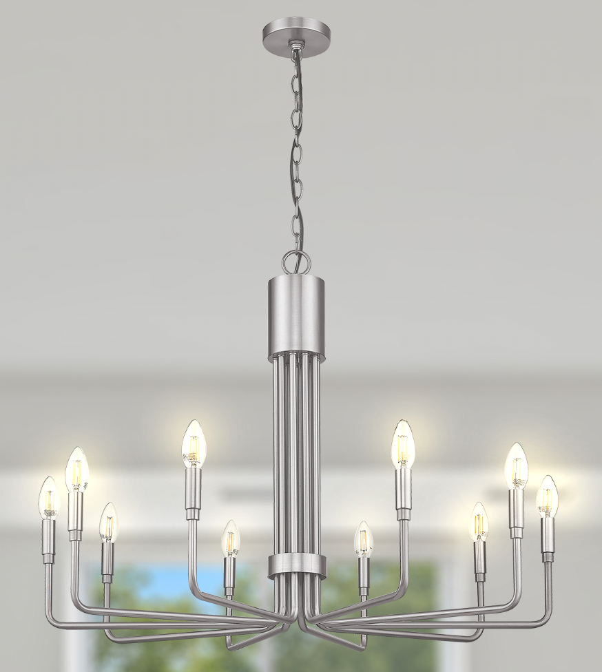 Alph 10-Light Modern Candle Style Flat Bottom Large Chandelier, Brushed Nickel