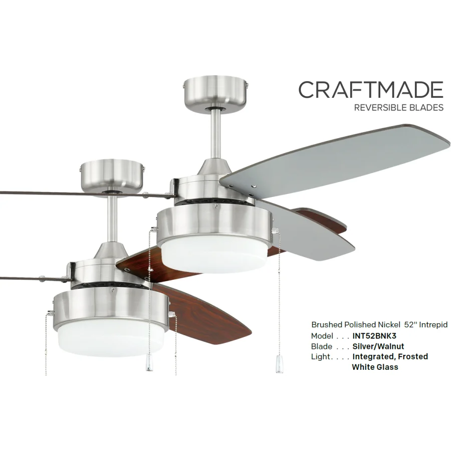 Craftmade Intrepid 52″ Ceiling Fan — Brushed Polished Nickel with Silver/Walnut Blades