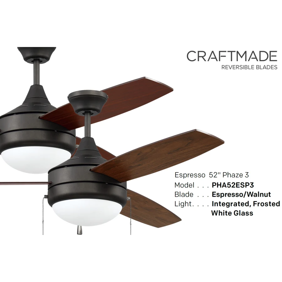 Craftmade Phaze 3 52″ Ceiling Fan — Espresso with Reversible Espresso/Walnut Blades